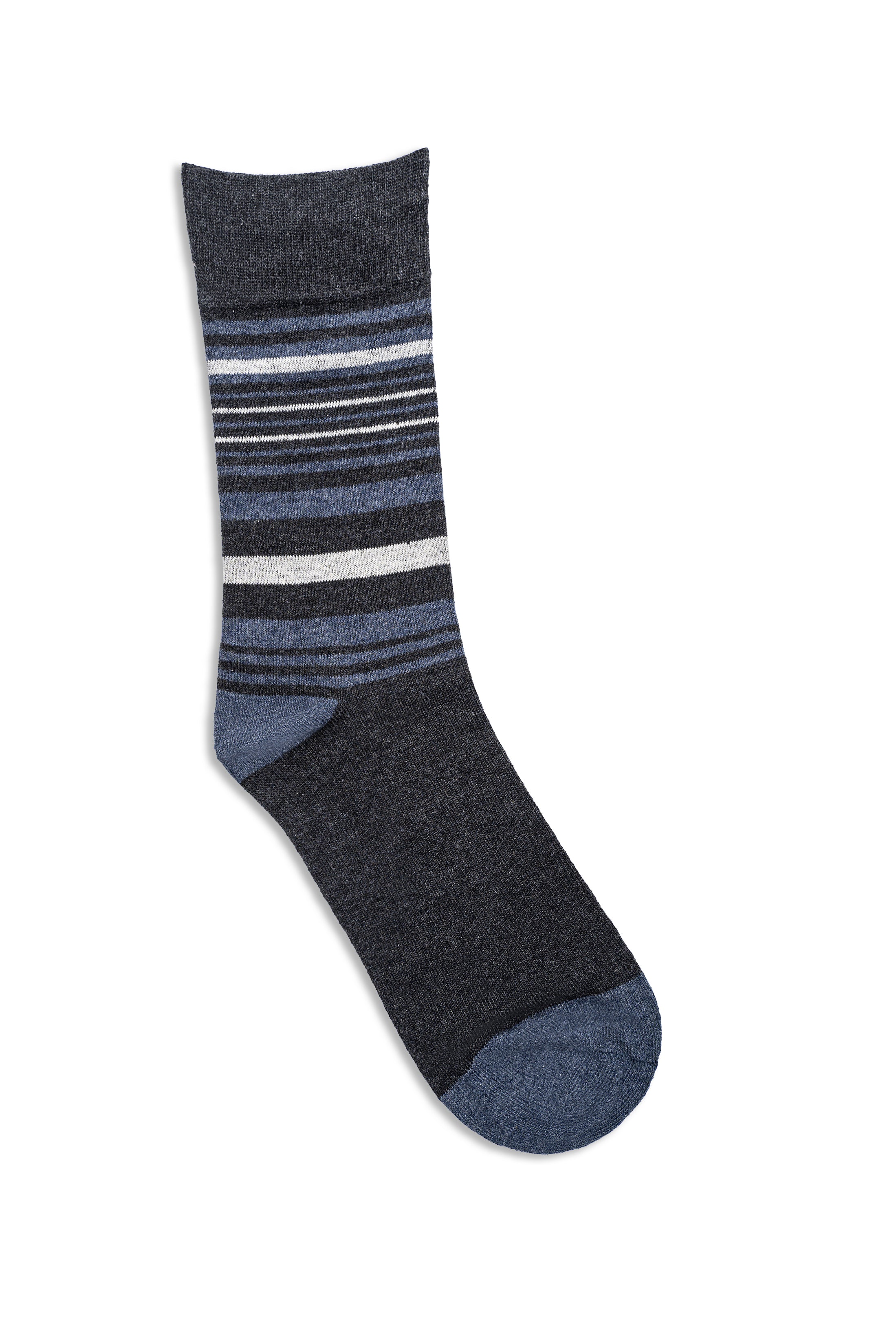 Navy-gray dress socks with blue and white striped pattern and ribbed cuff