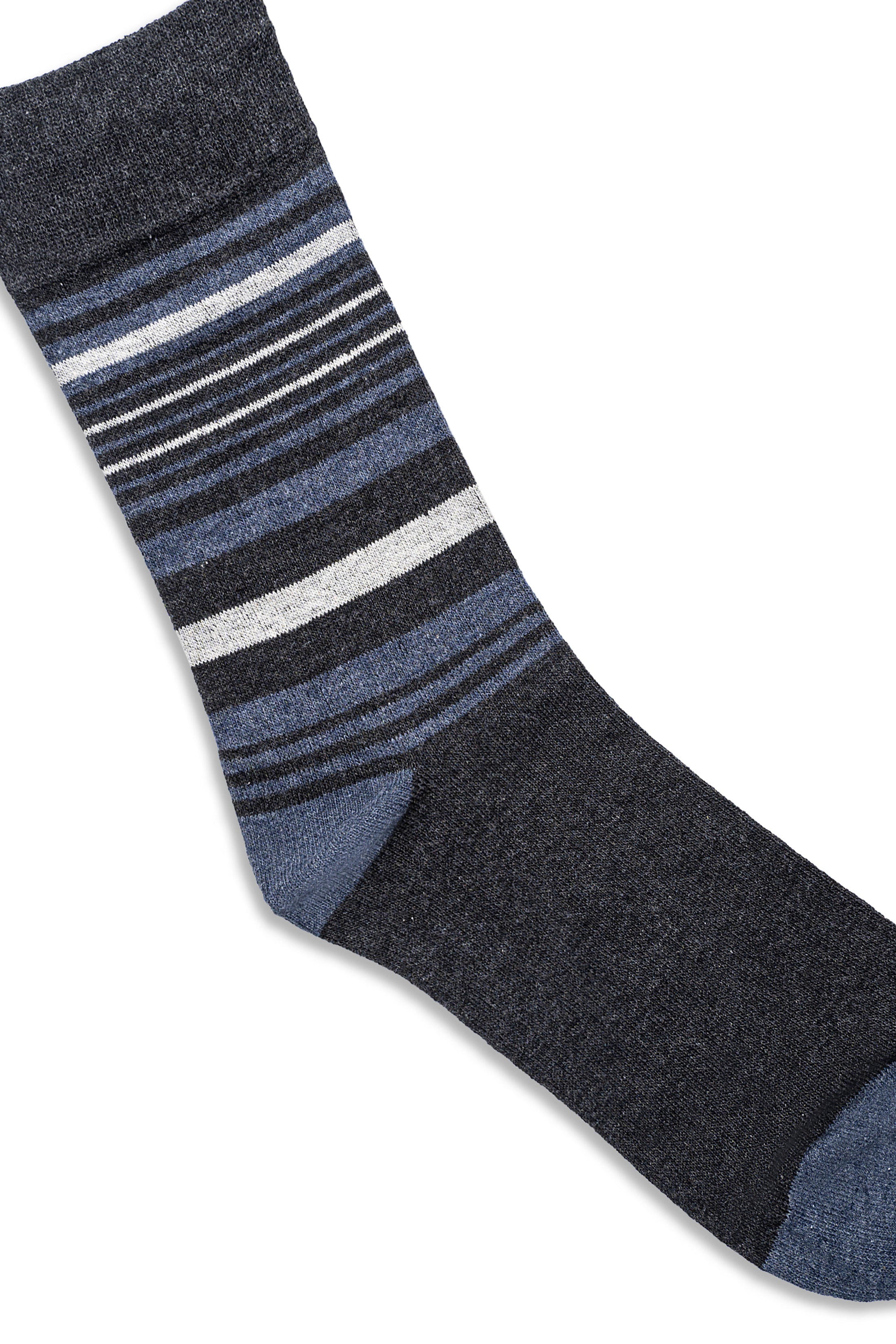 Charcoal dress socks with blue and white horizontal stripes, cushioned toe and heel