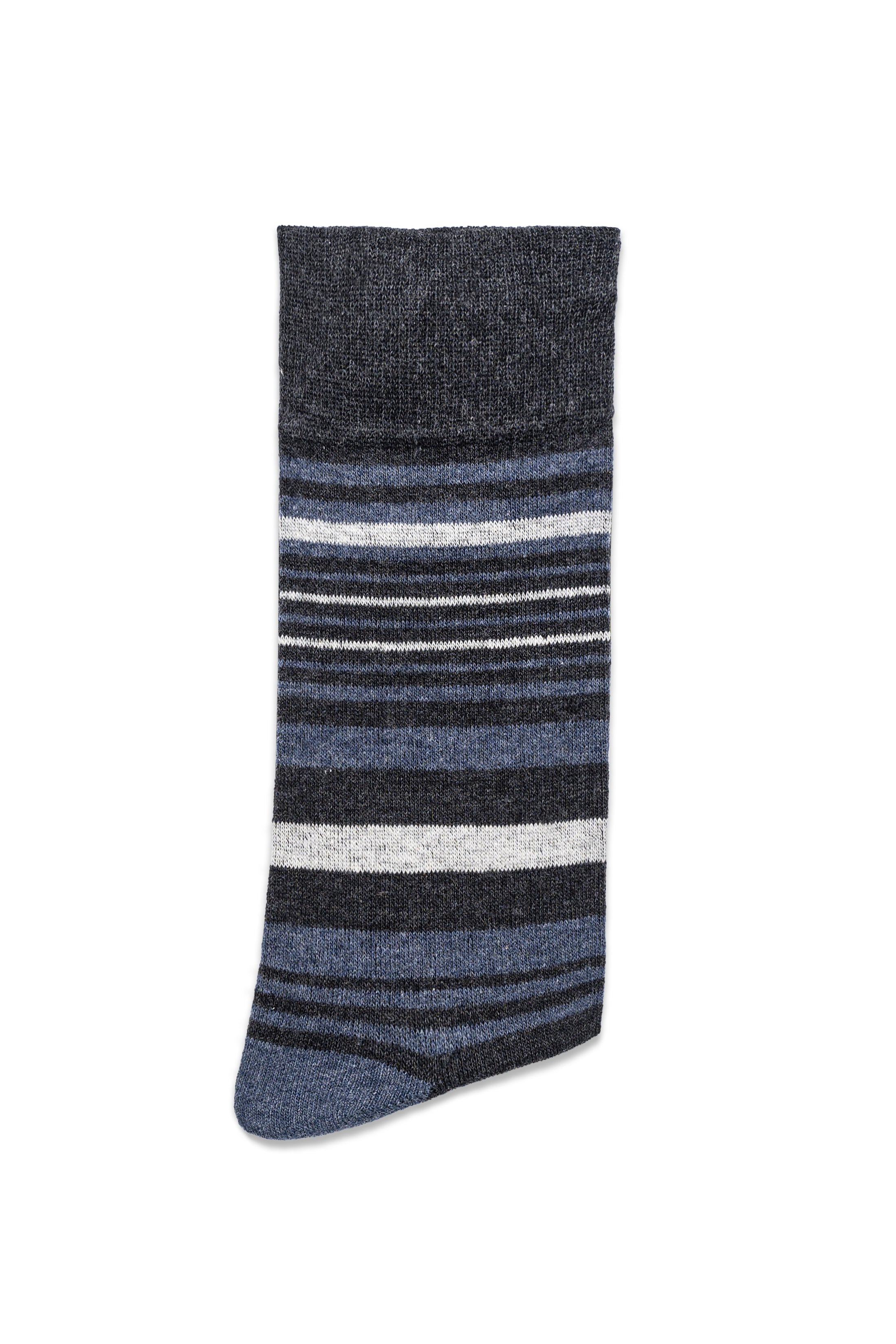 Dress socks in dark gray with blue and white stripes and ribbed crew top
