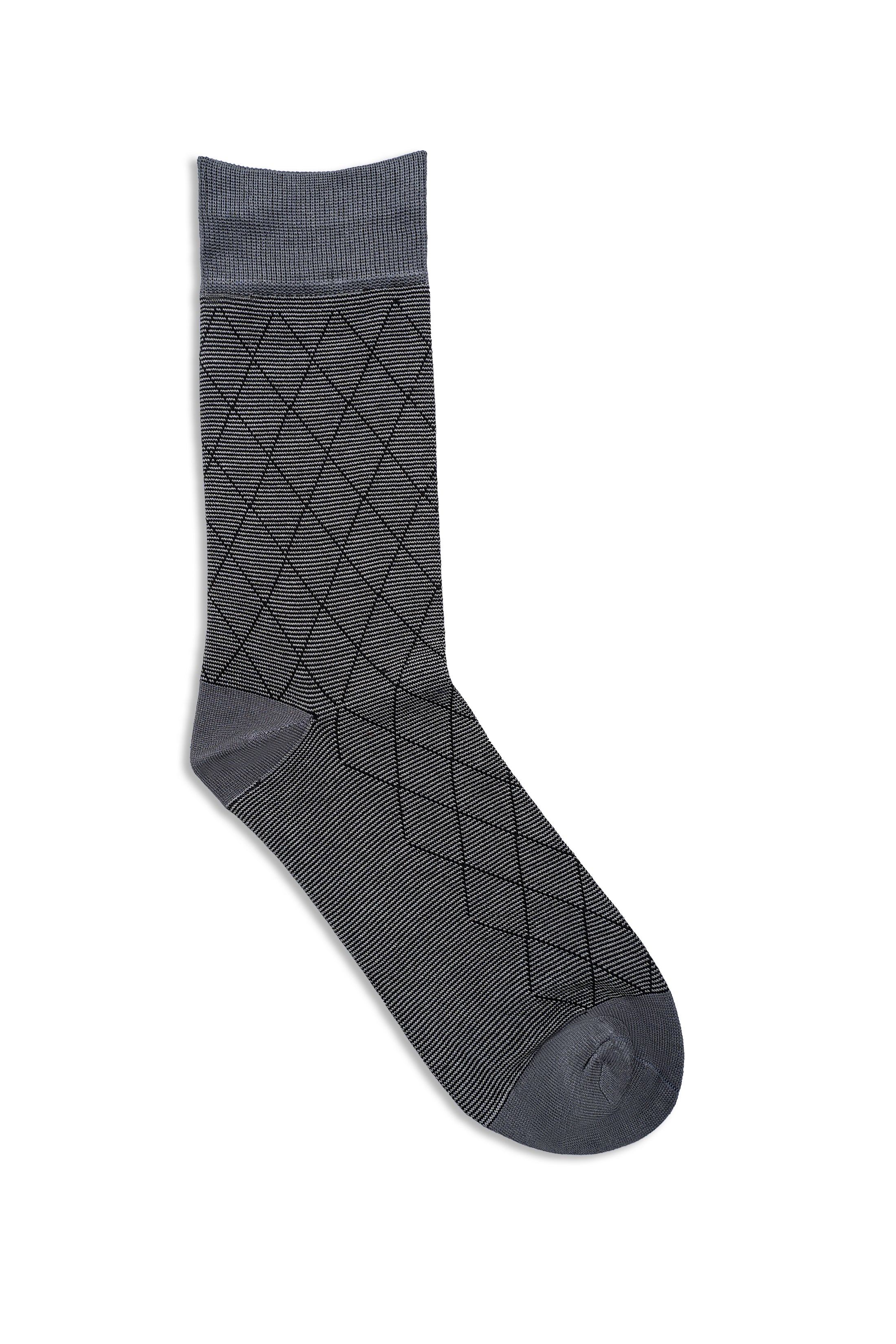 Dark gray dress sock with diamond grid pattern and cushioned heel toe