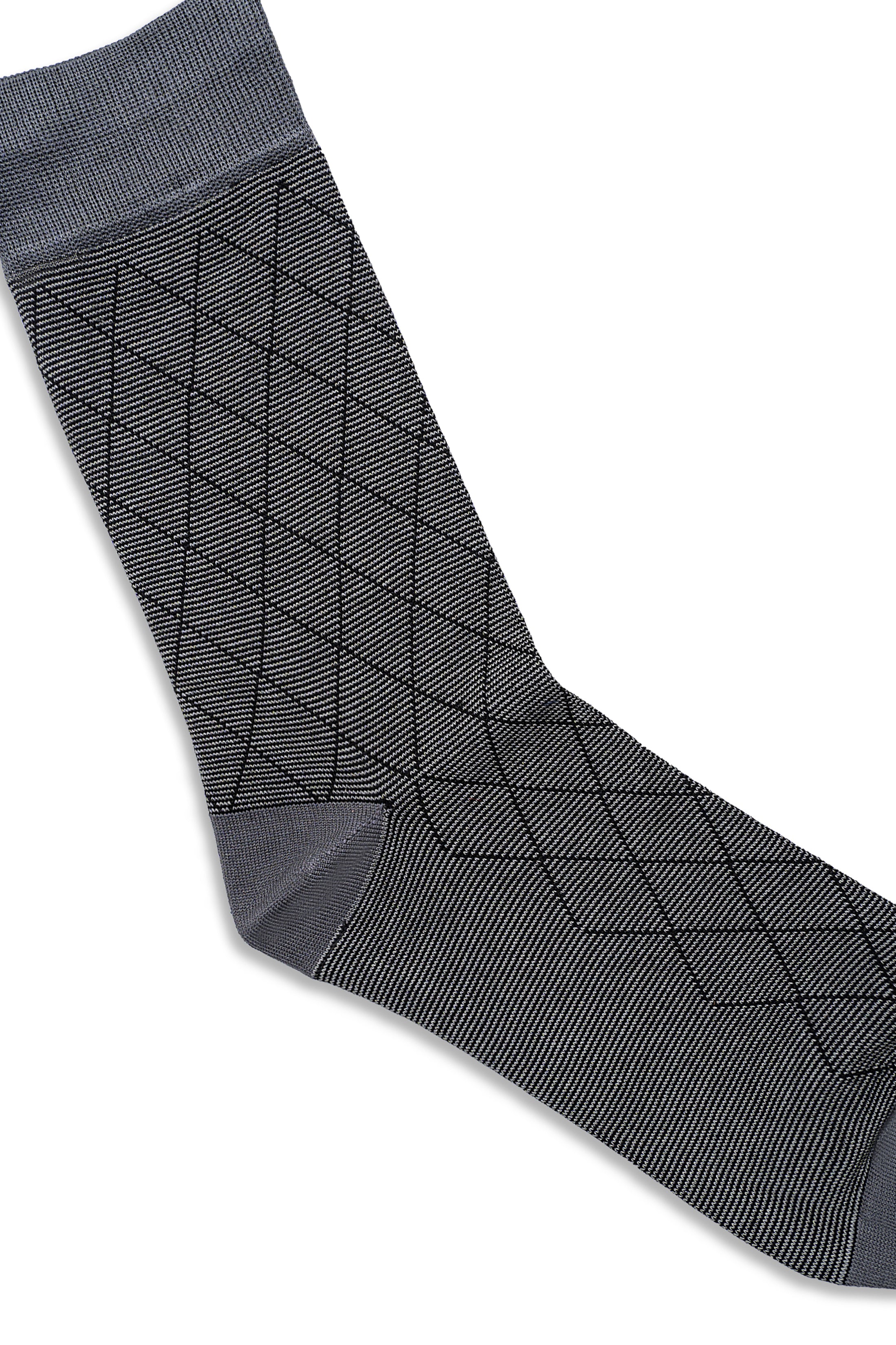 Dark gray dress socks with knit rib cuff and geometric check pattern