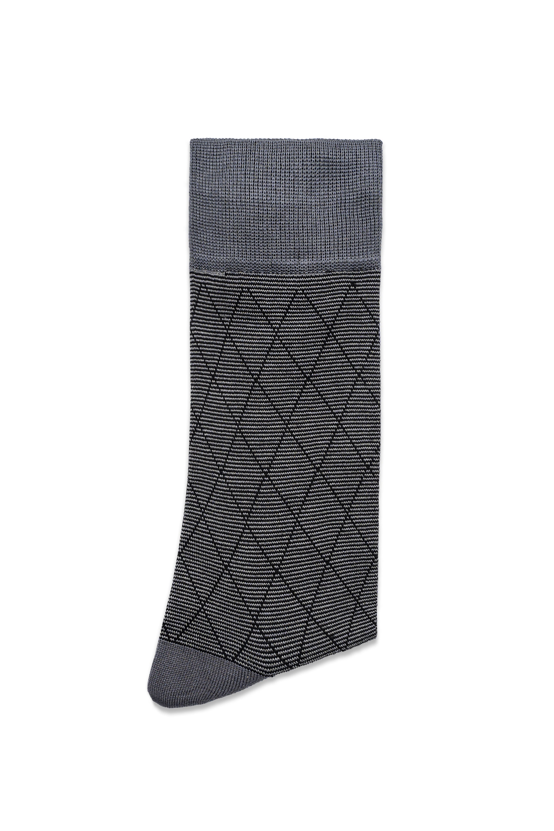 Dark gray dress sock featuring geometric diamond pattern and knit rib top