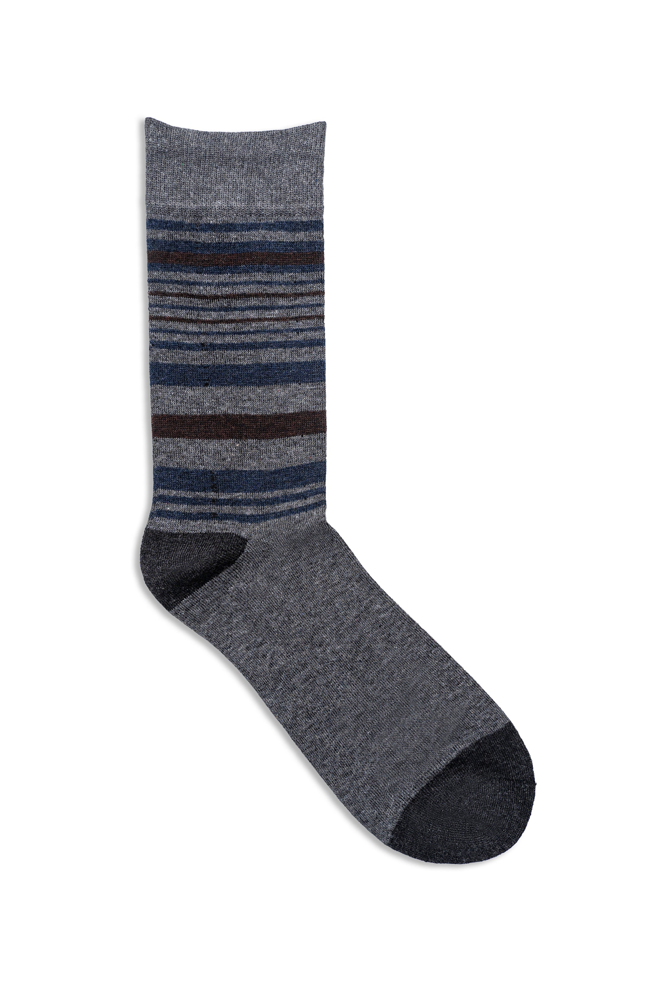 Formal dress sock in dark gray with horizontal blue and brown stripes, ribbed cuff