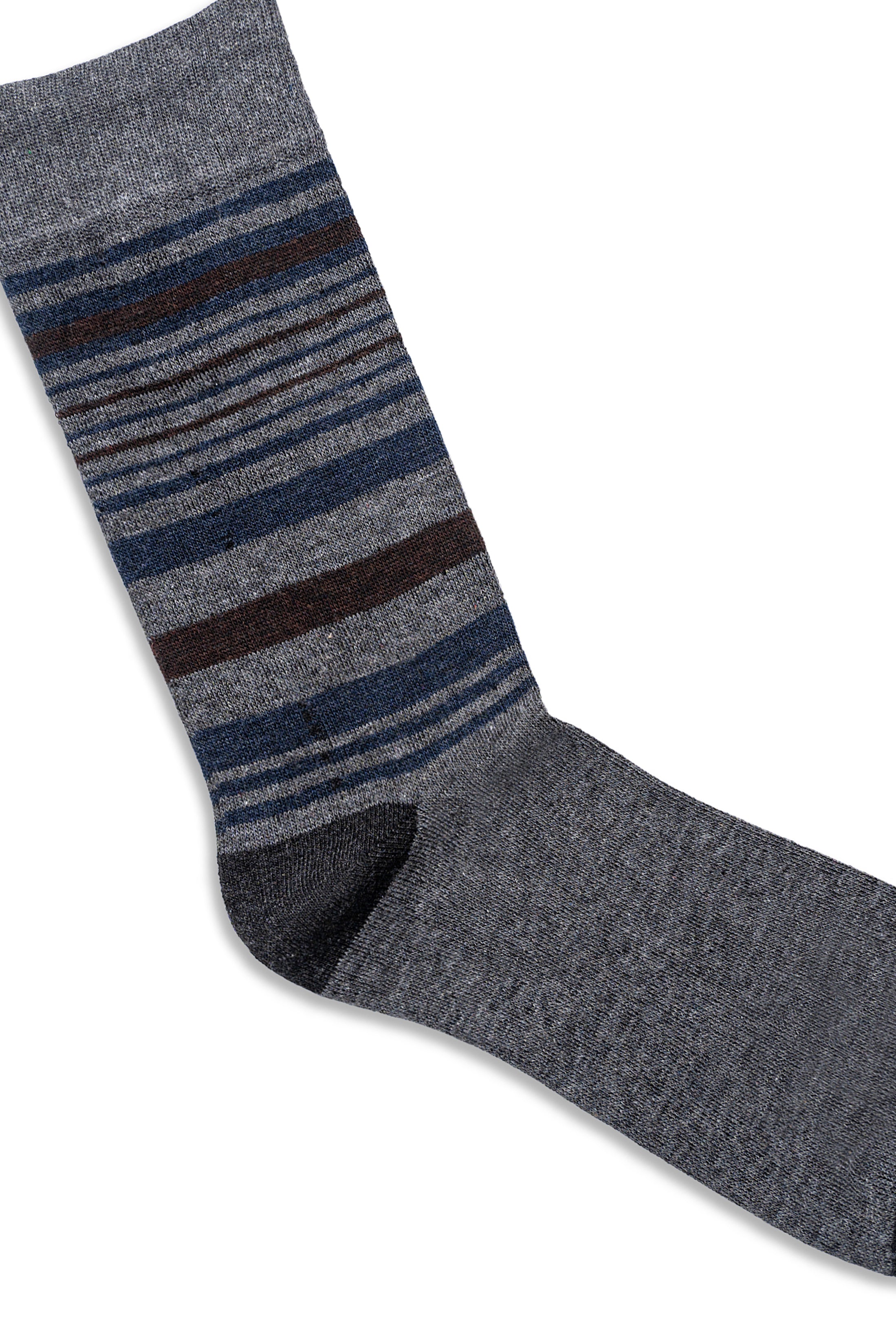 Formal dress sock showing dark gray cuff and layered horizontal stripes in blue and brown