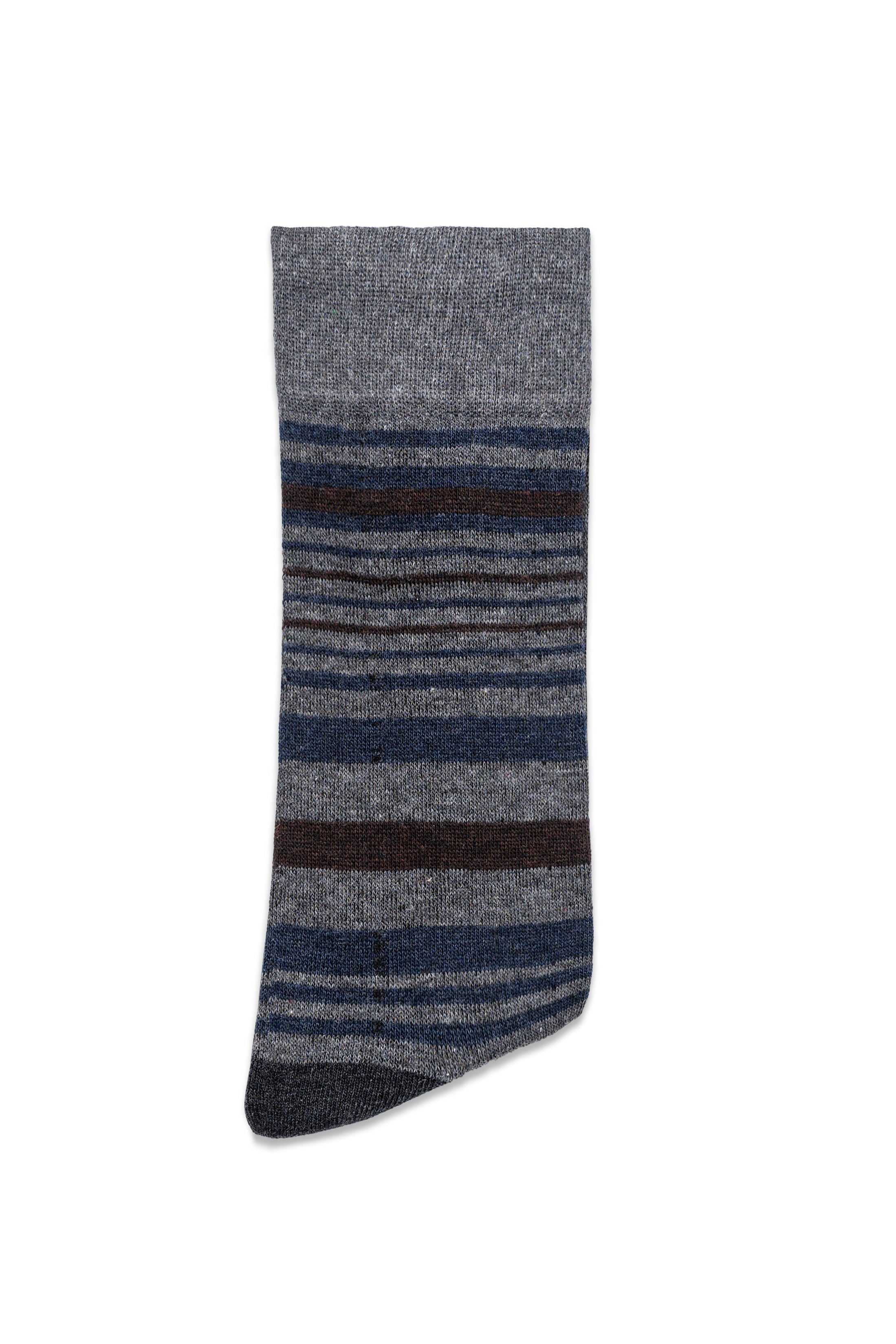 Formal dress sock, dark gray with striped band pattern in blue and brown