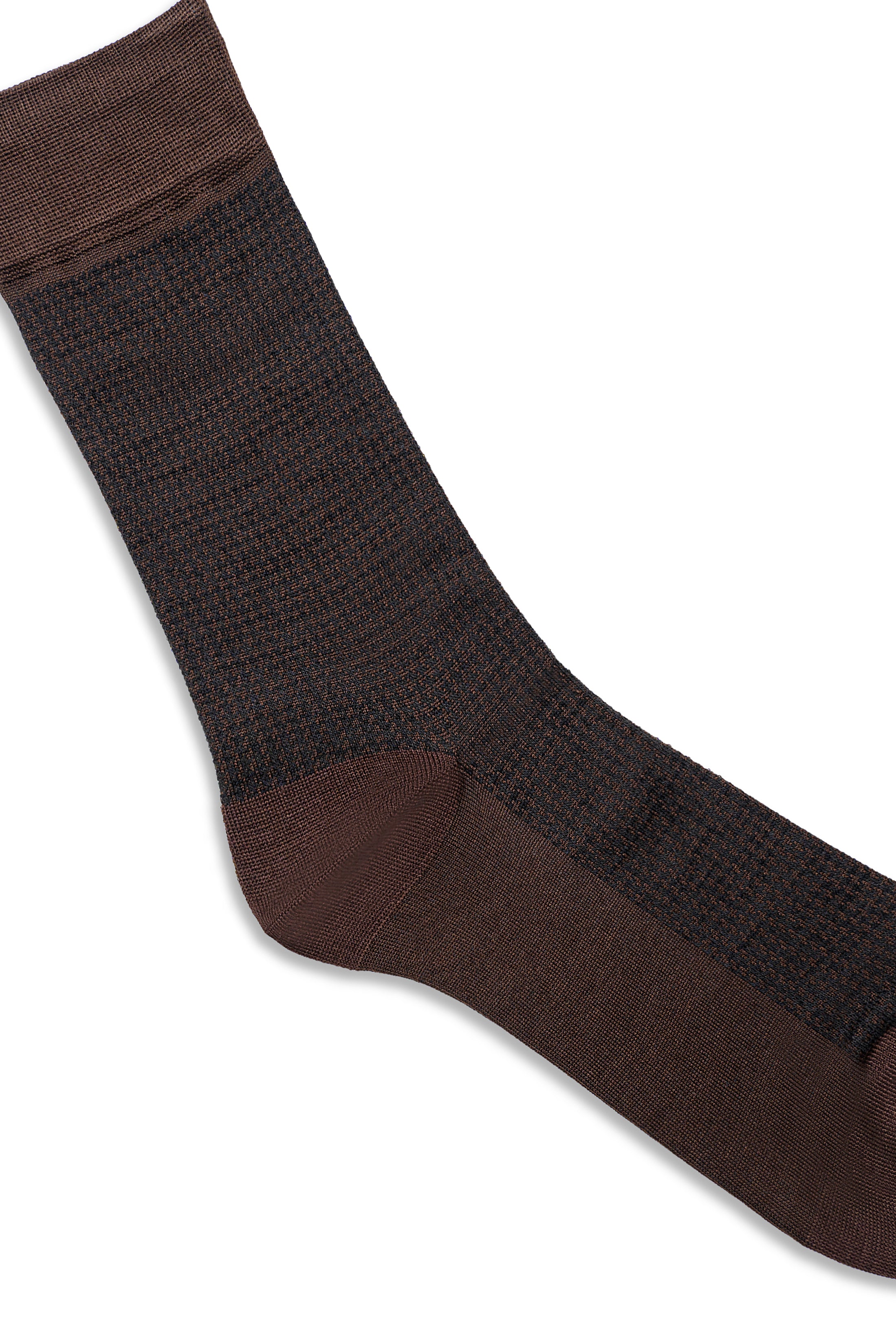 Crew dress socks in dark brown with sheer stripe detail and reinforced toe