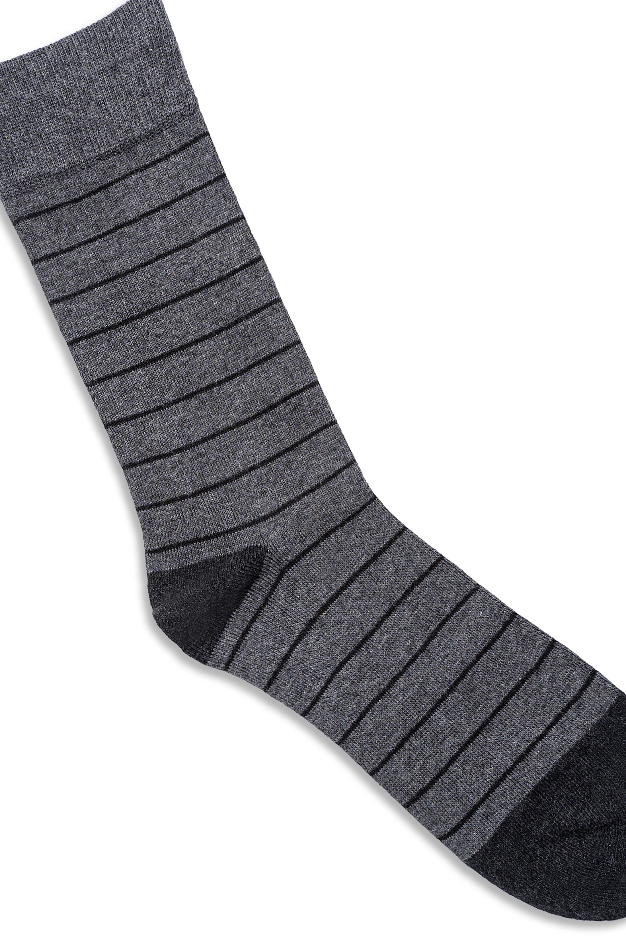 Dark gray crew dress socks, close-up of striped knit and rounded toe