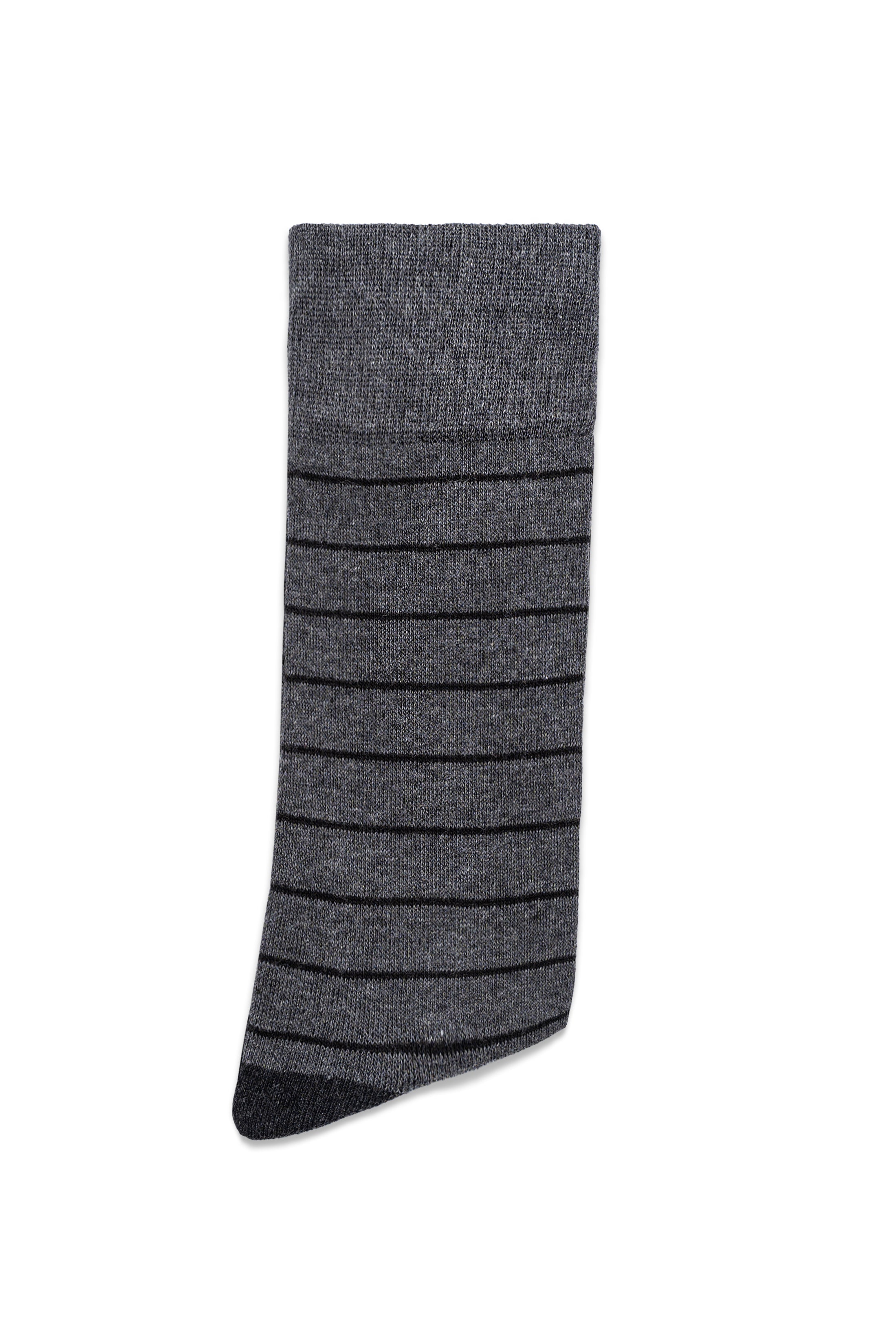 Dark gray crew dress socks with ribbed cuff and striped pattern