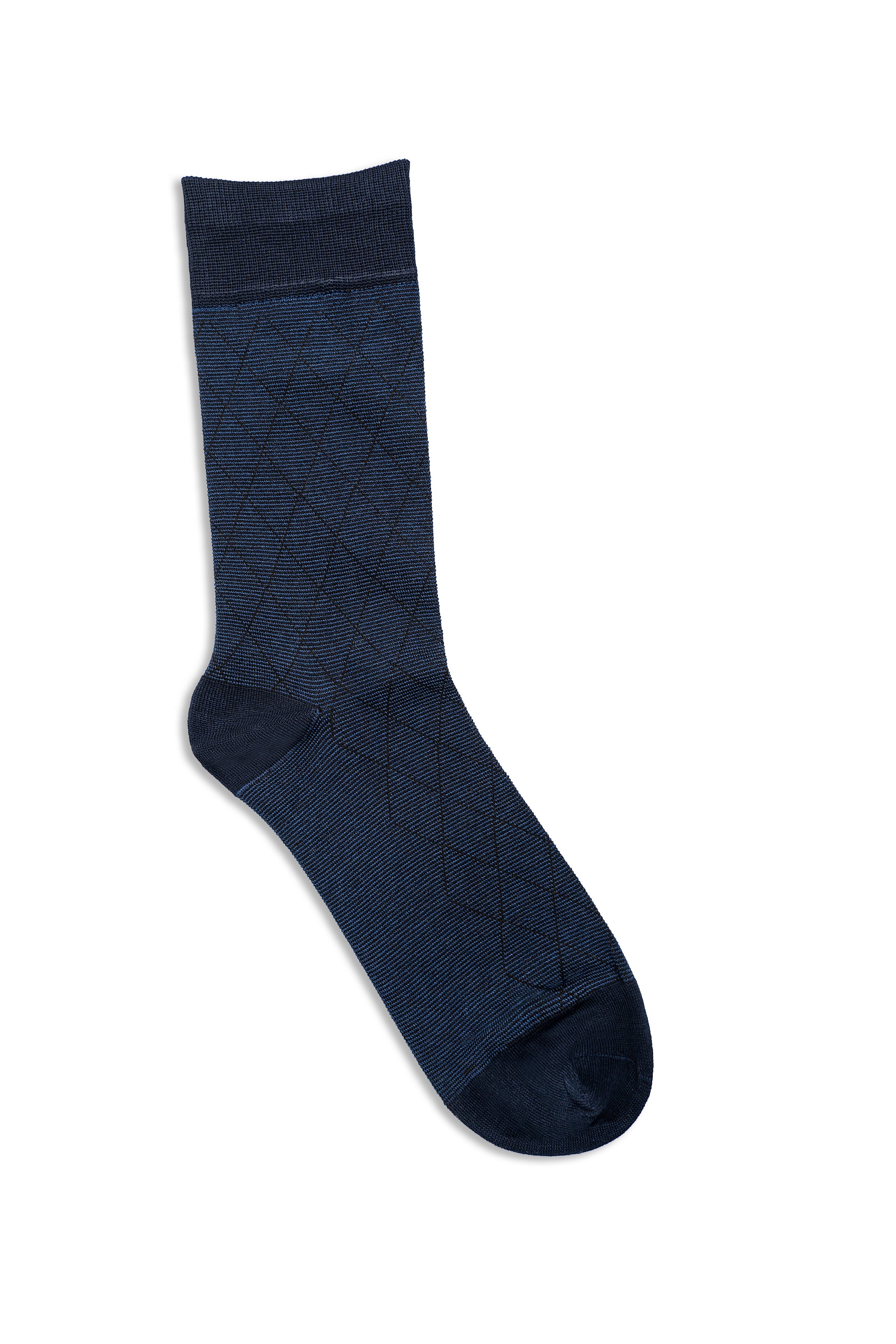Navy dress socks with diamond pattern and ribbed cuff