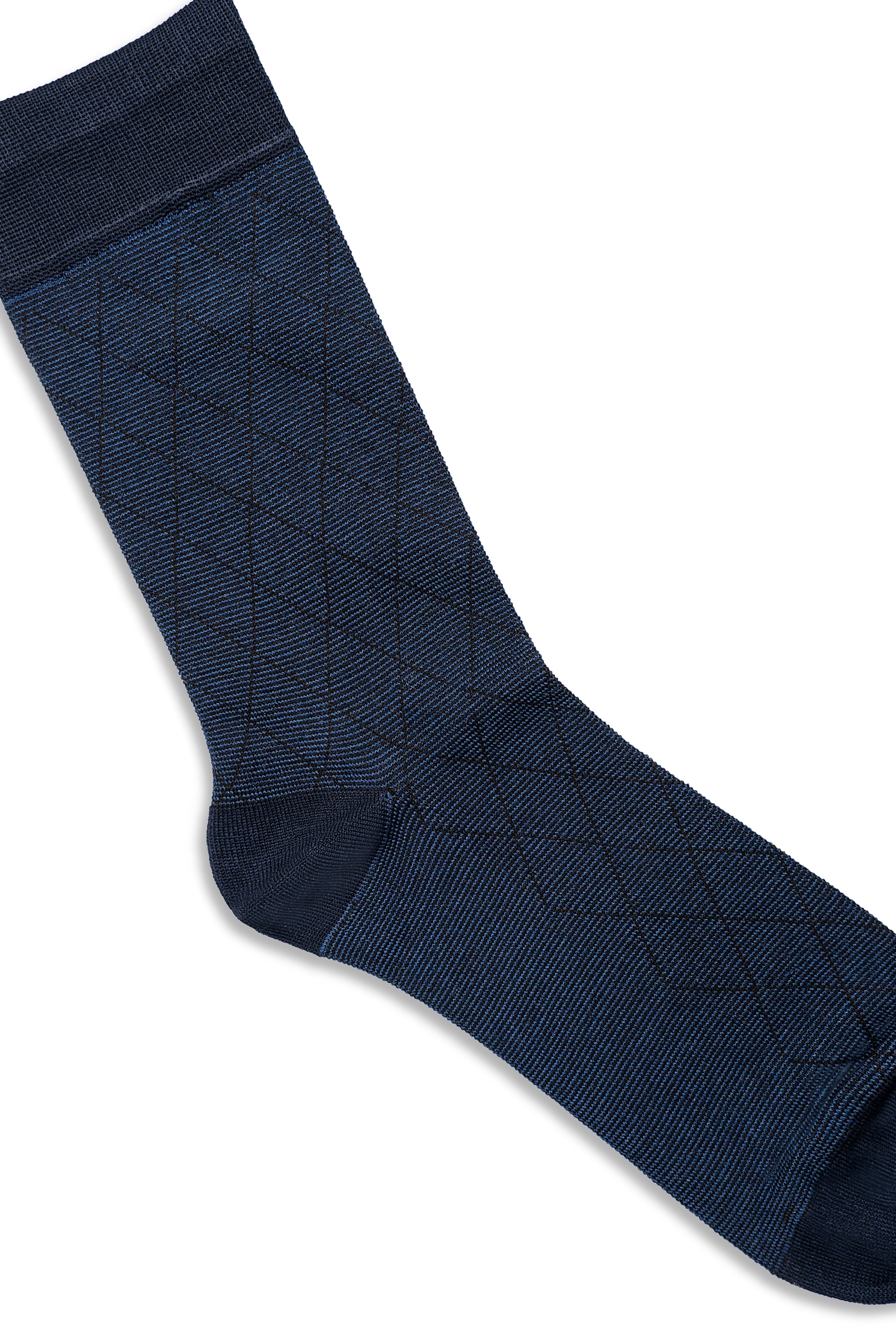 Navy dress socks showing diamond knit pattern at heel and toe
