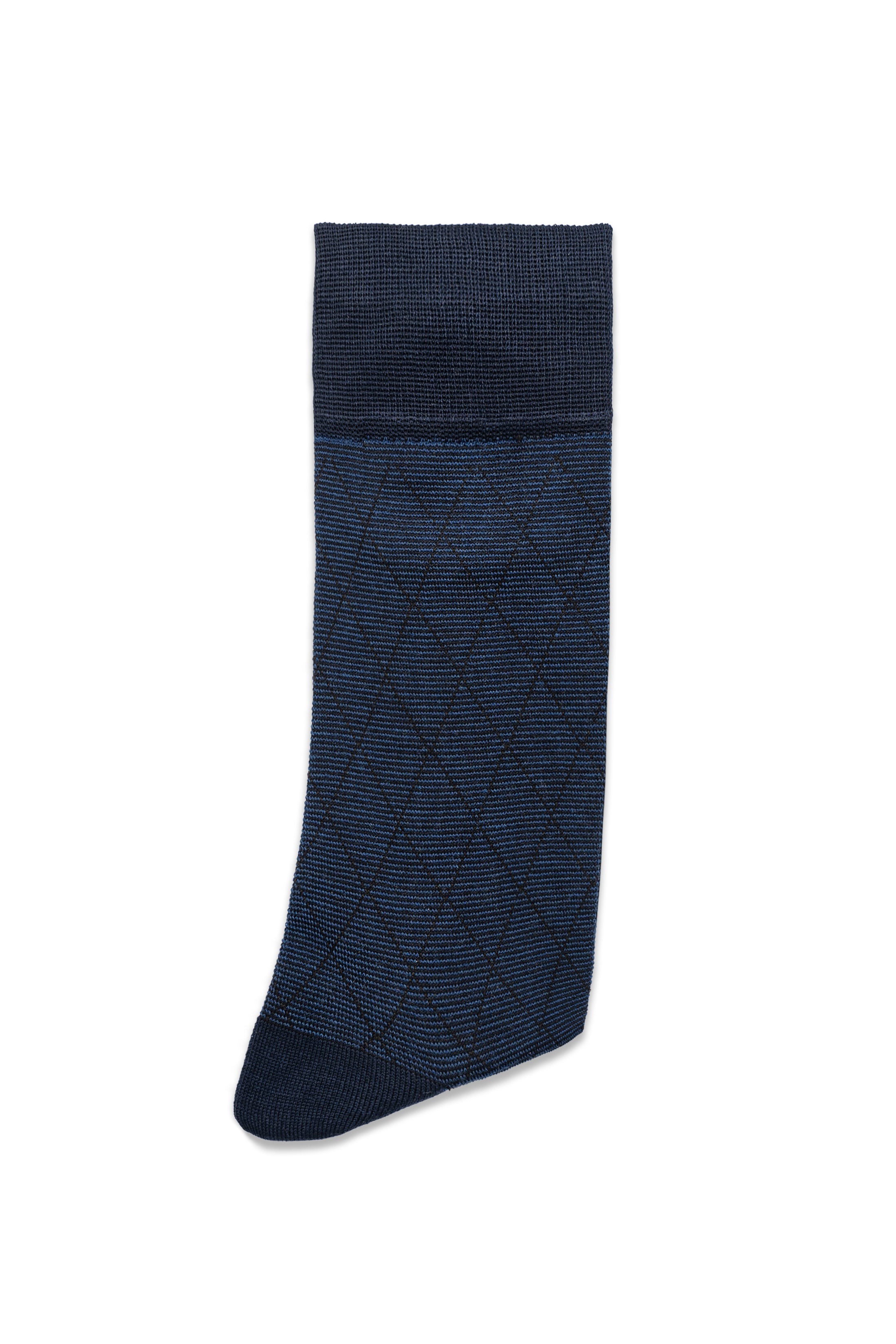 Navy dress socks with textured diamond pattern and ribbed cuff