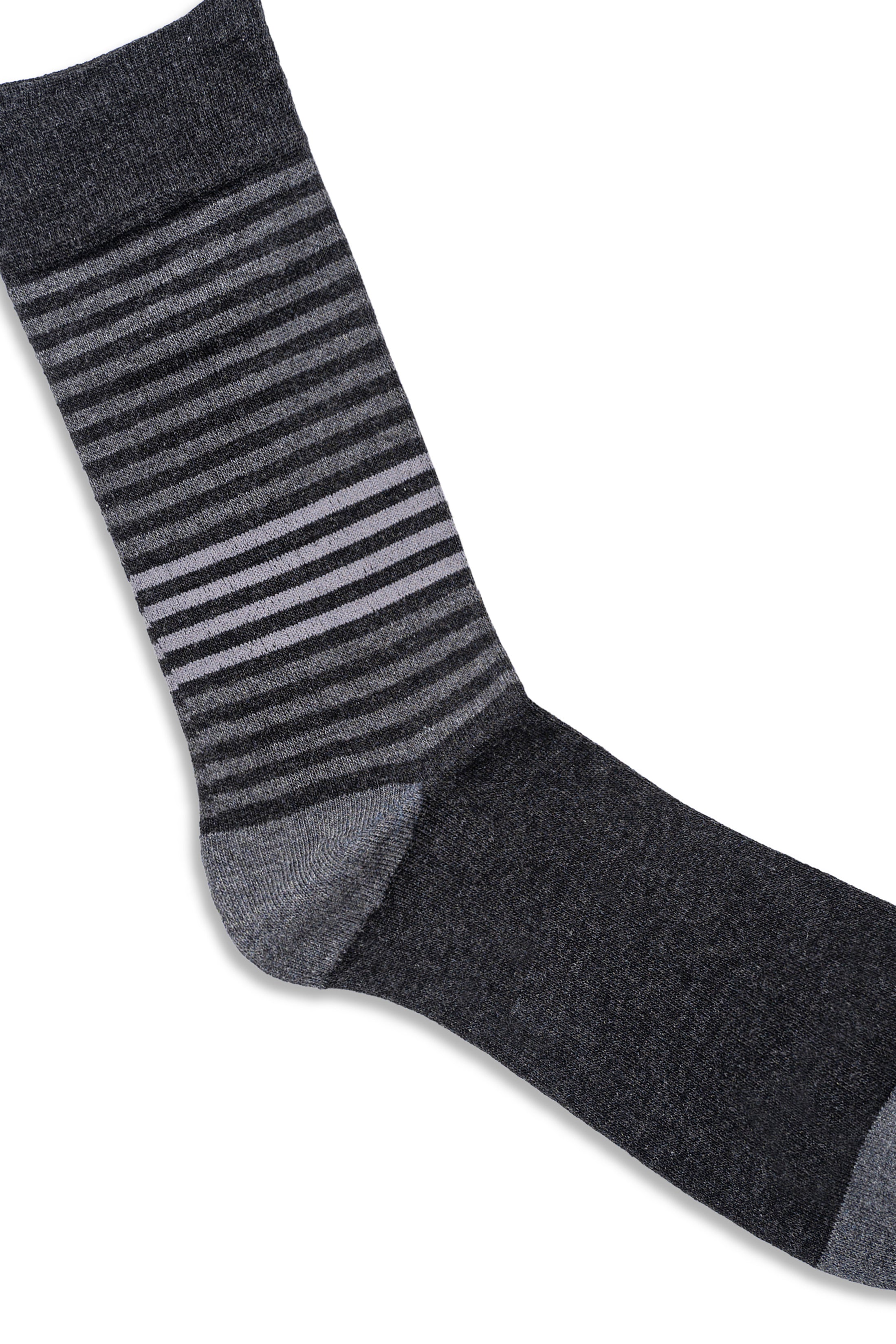 Dark gray dress sock with striped midsection and solid heel panel