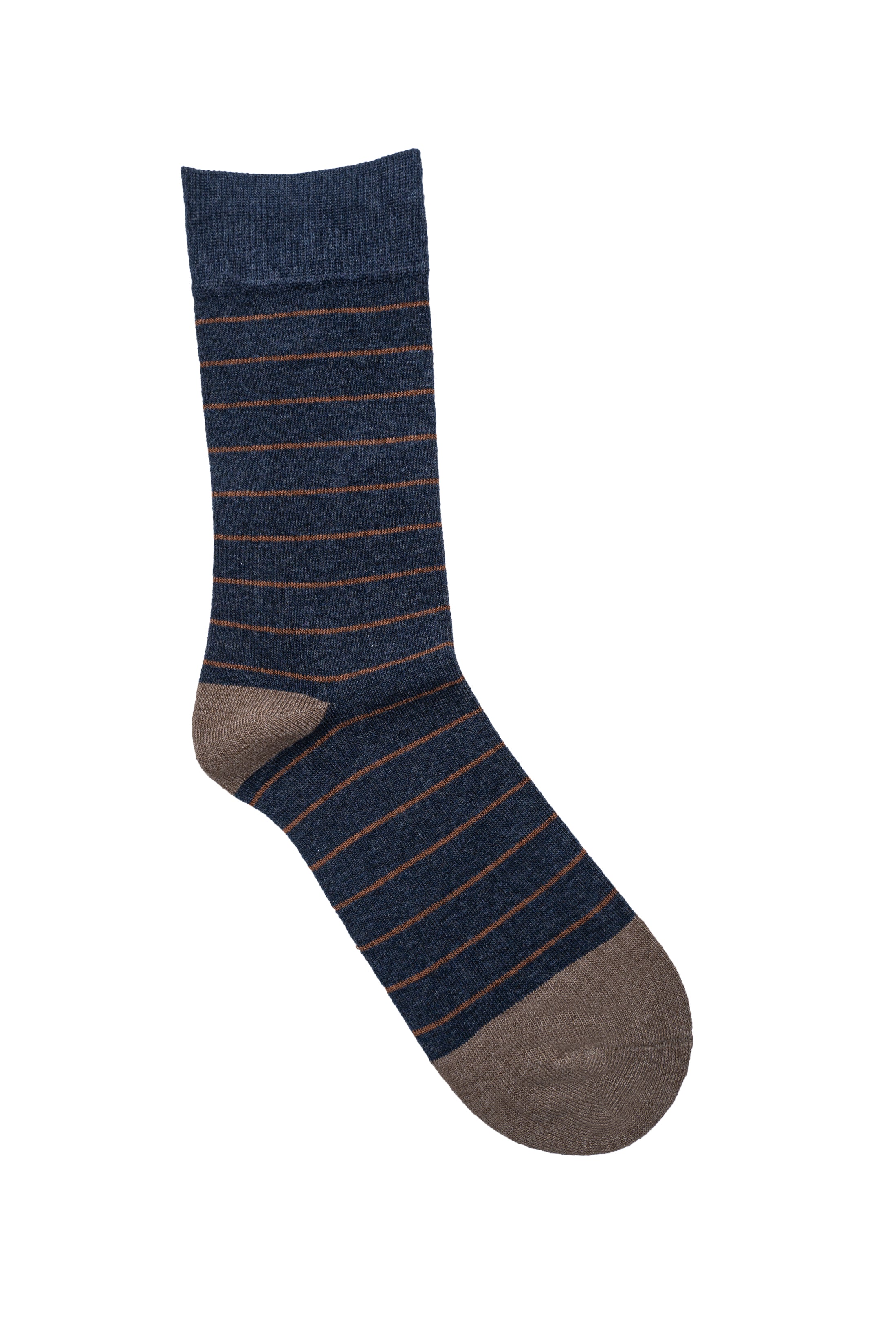 Dark blue dress socks with brown-orange horizontal stripes and cushioned toe