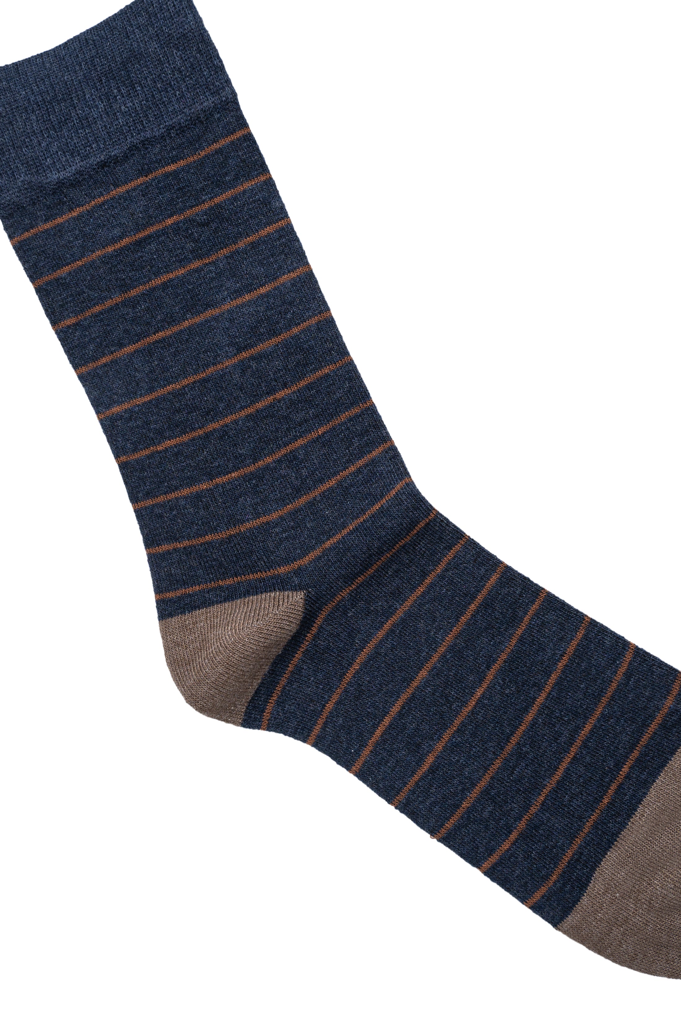 Dark blue dress sock close-up with brown-orange stripes and brown toe panel
