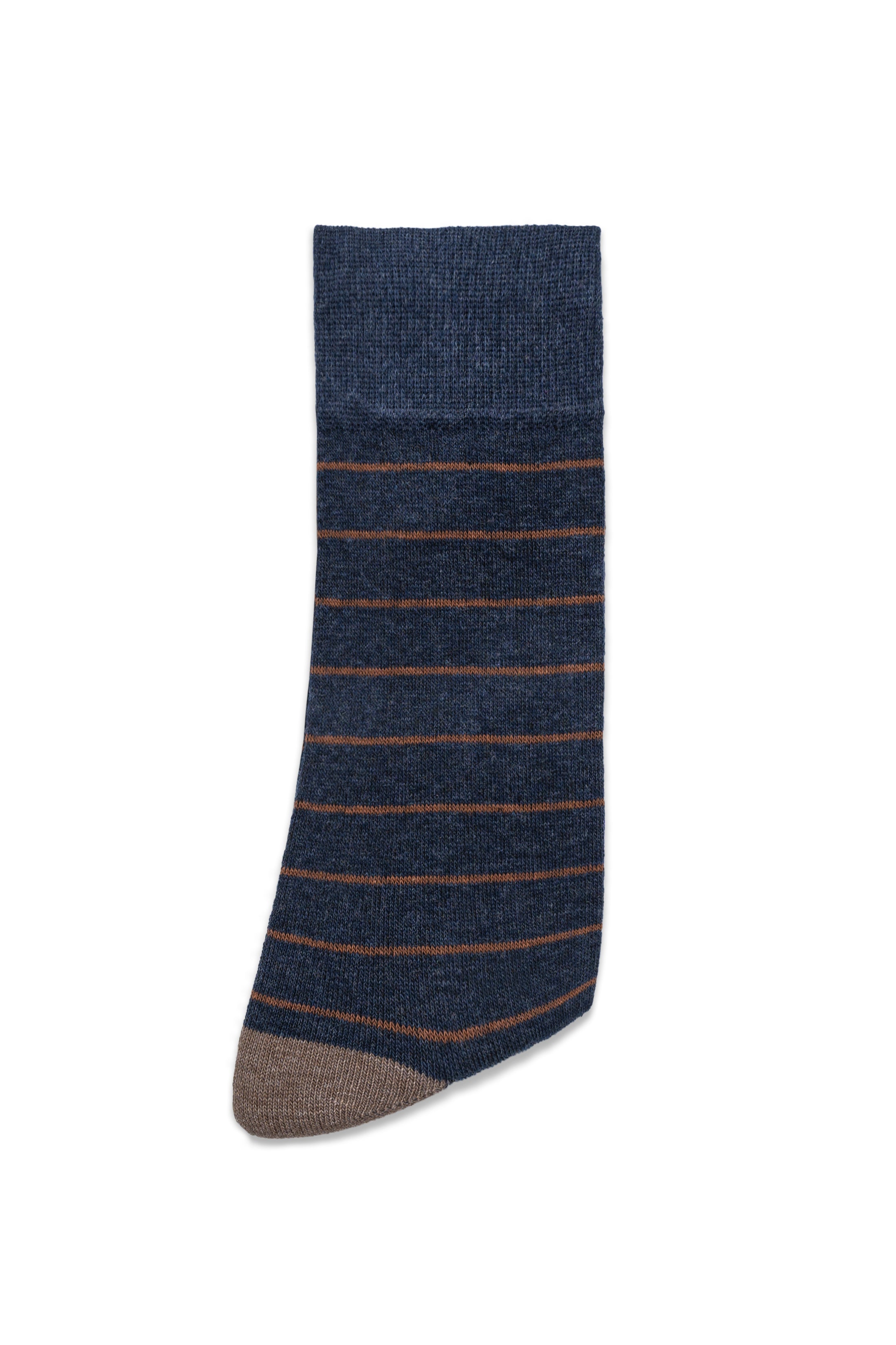 Dark blue dress sock with brown-orange stripe pattern and ribbed cuff