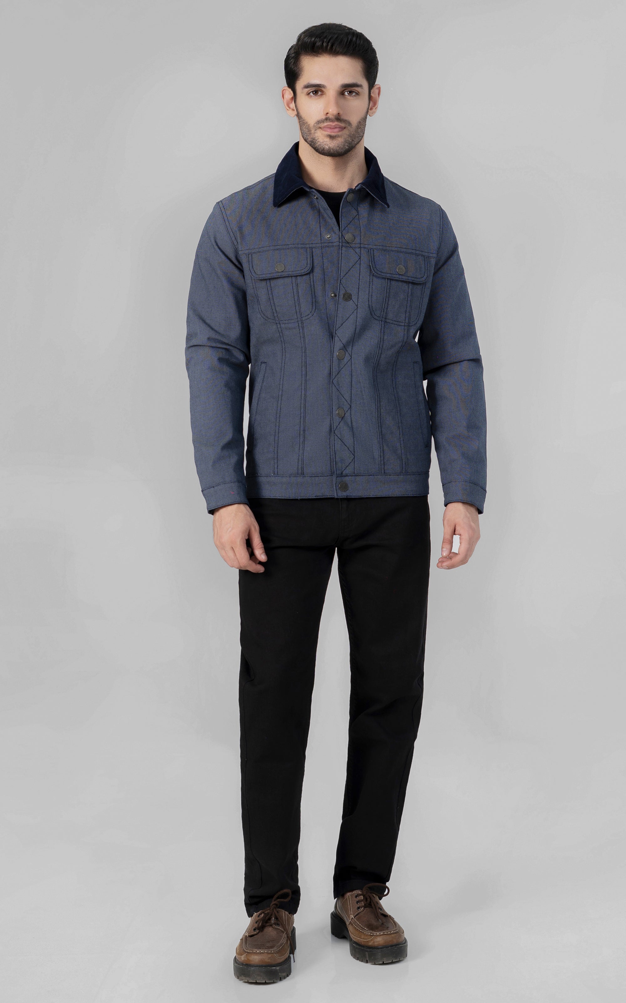 Textured Button Up Collar Jacket indigo