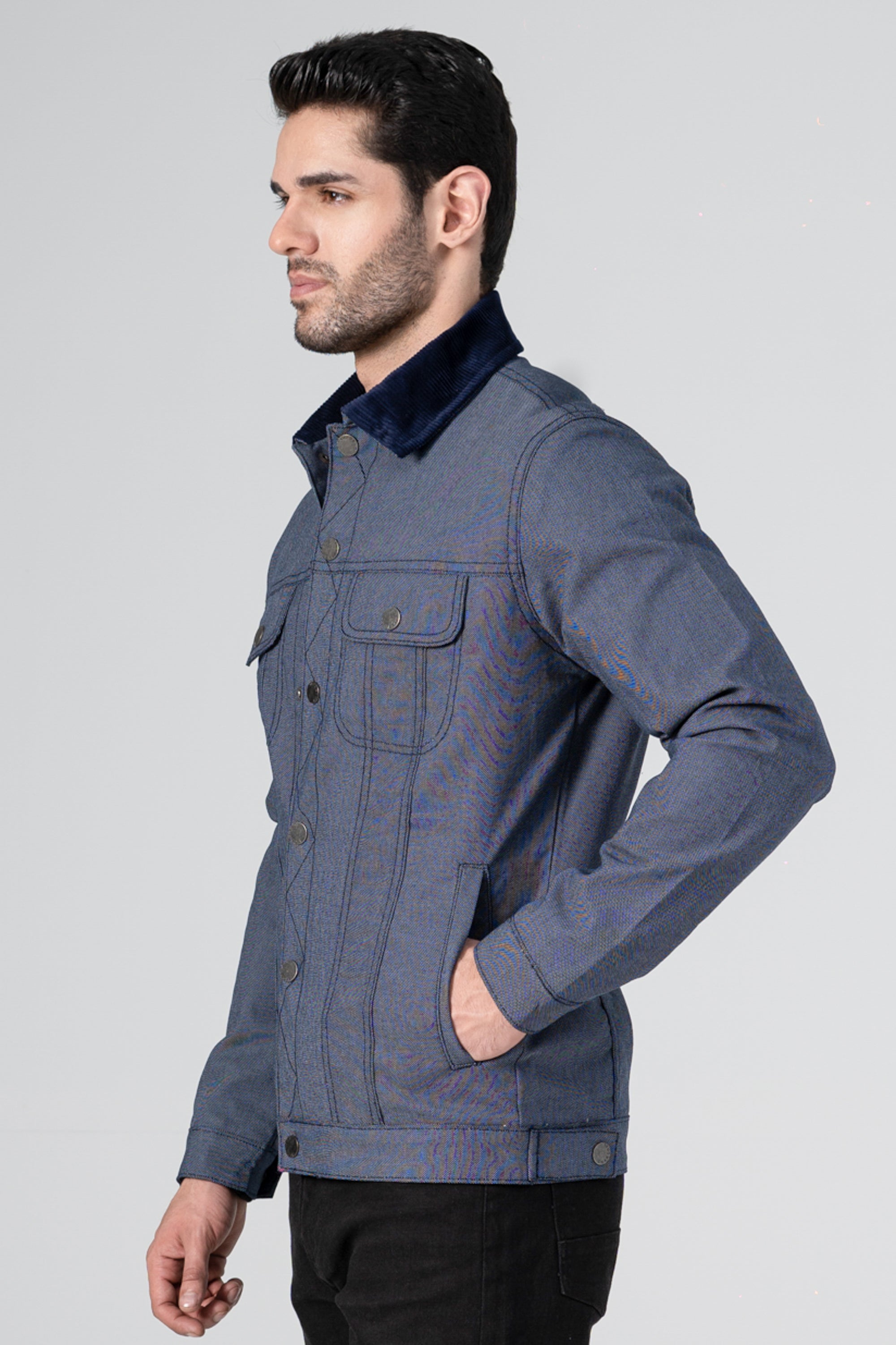 Textured Button Up Collar Jacket indigo