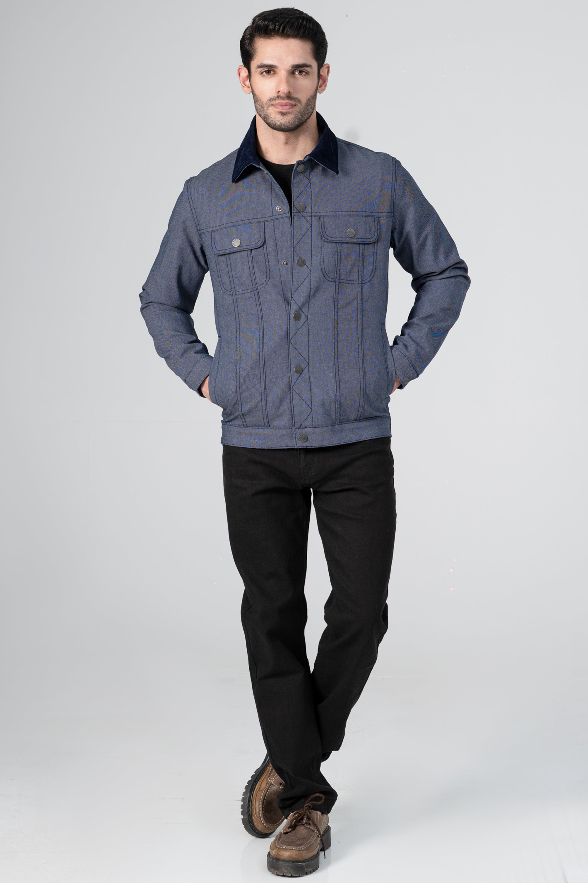 Textured Button Up Collar Jacket indigo