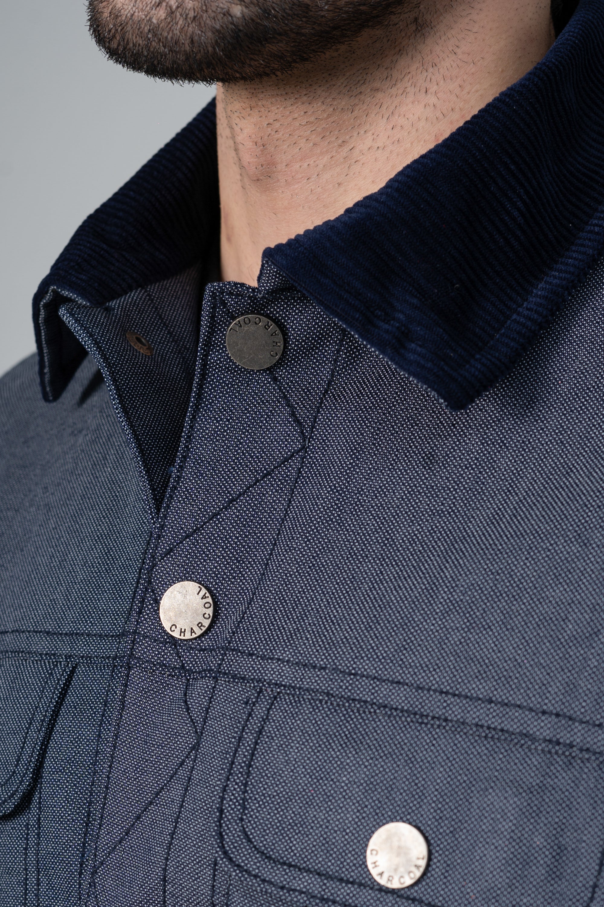 Textured Button Up Collar Jacket indigo