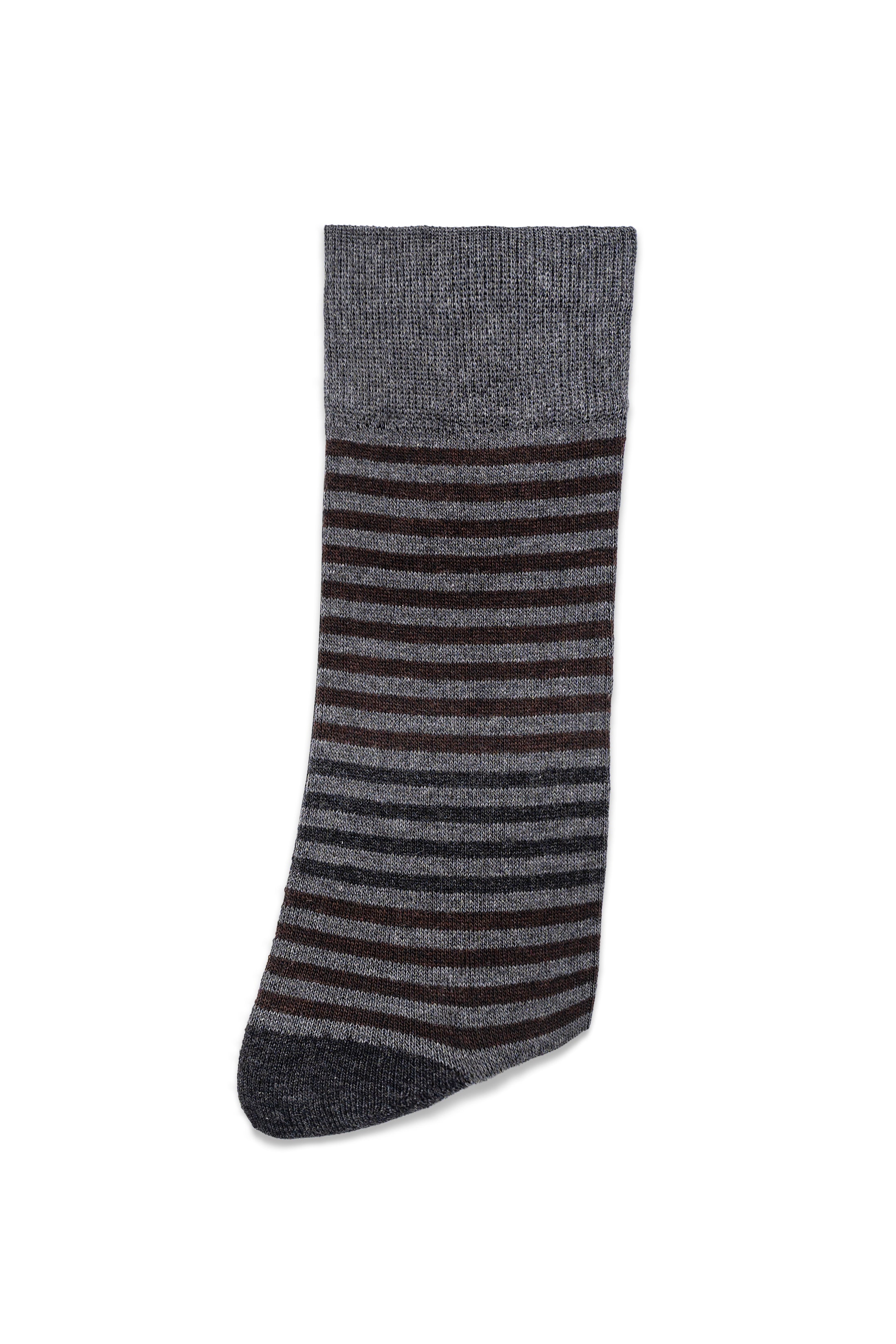 Gray crew socks with dark maroon and charcoal horizontal stripes