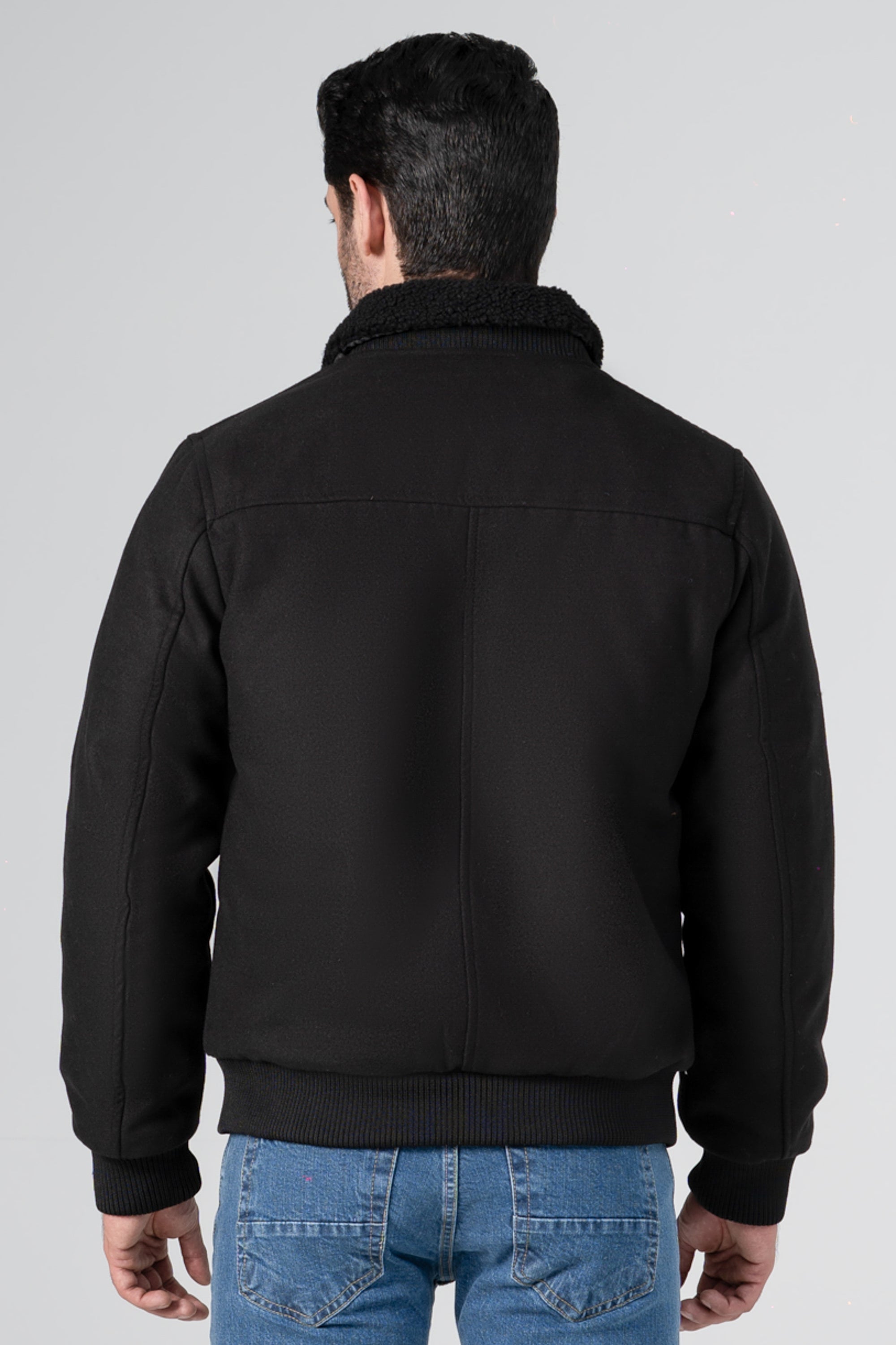 WOOLEN DETACHABLE FUR COLLAR JACKET BLACK