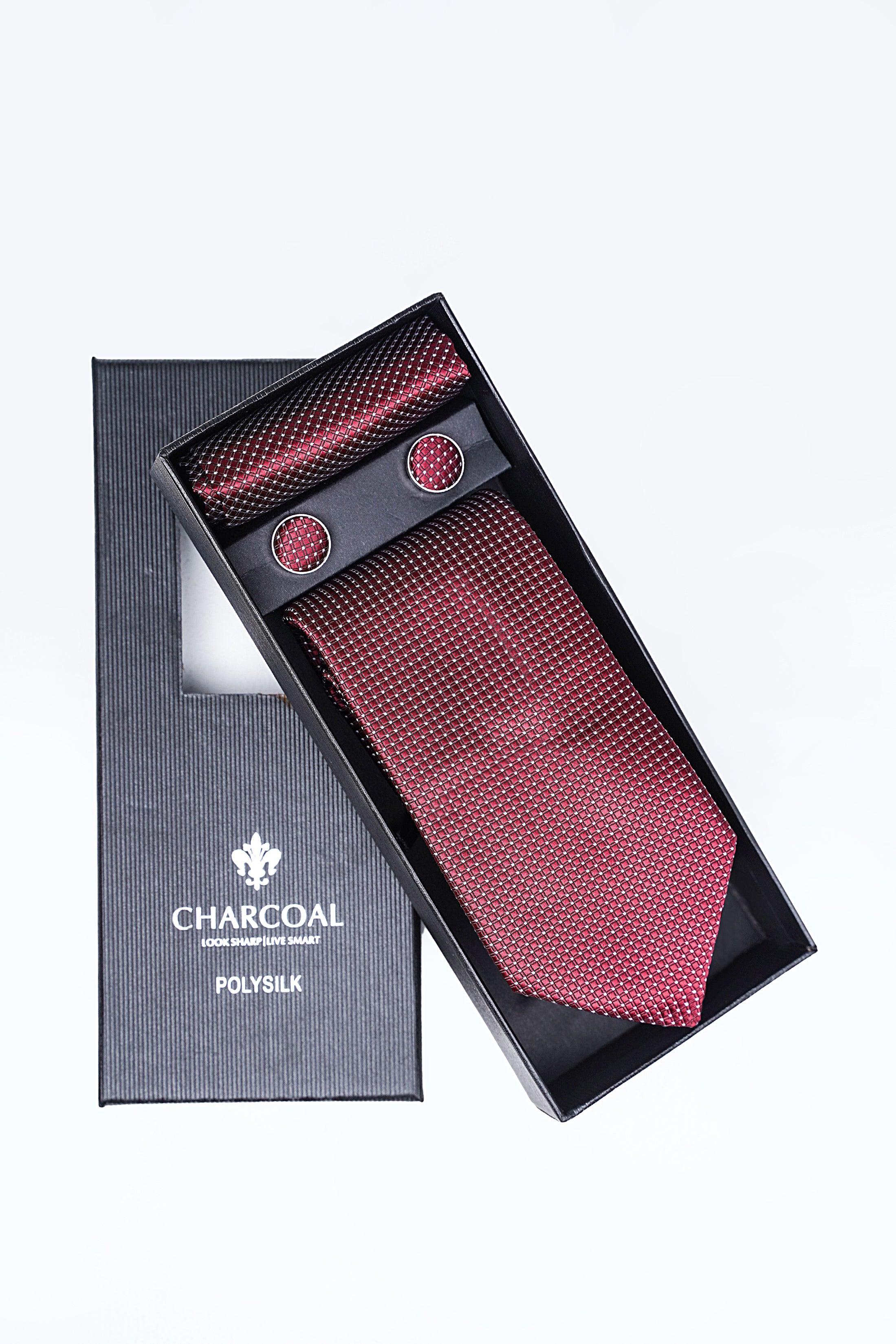 Box tie set: burgundy dotted necktie, matching pocket square, cufflinks in box