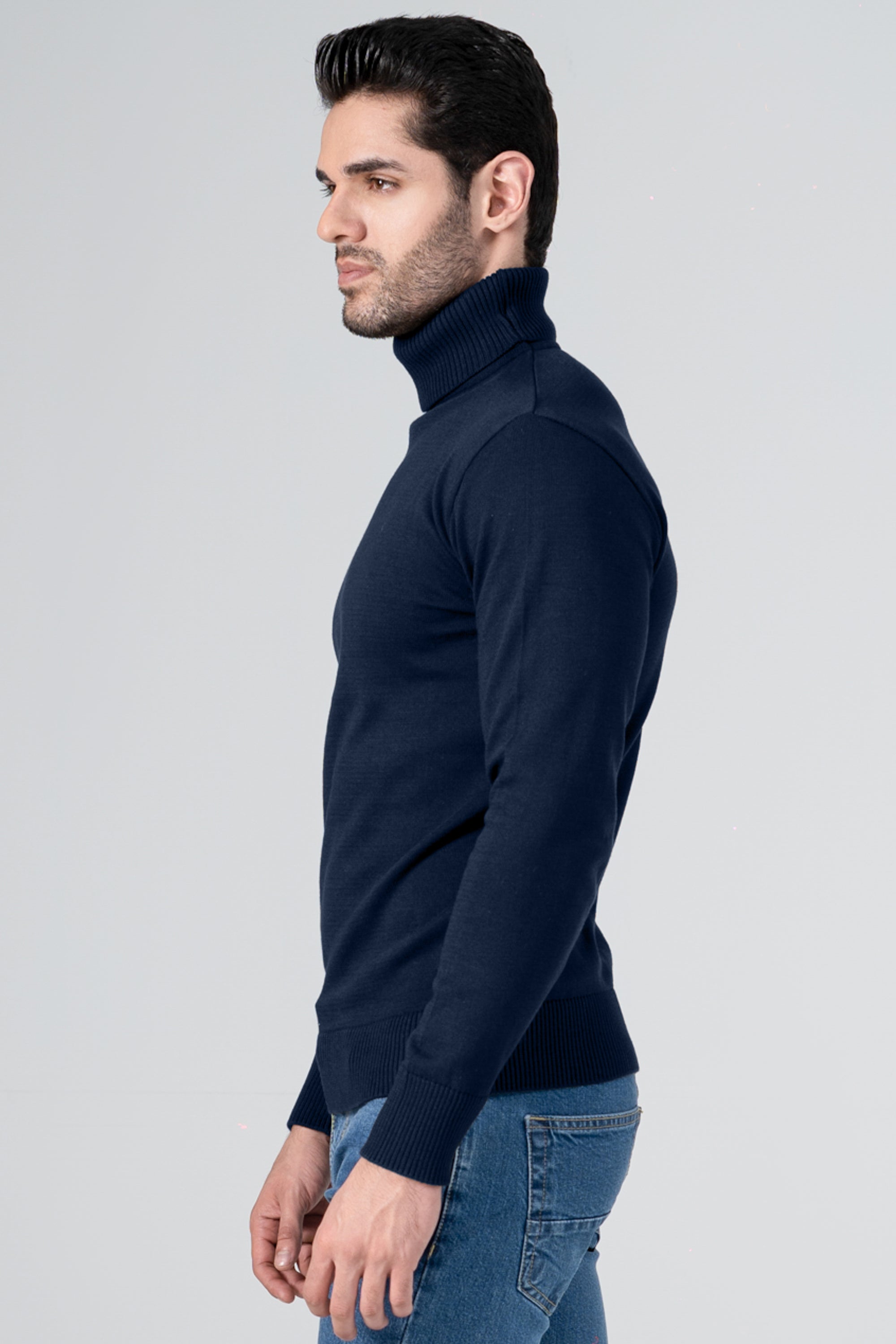 Navy knit turtleneck sweater with ribbed collar and cuffs, long sleeves
