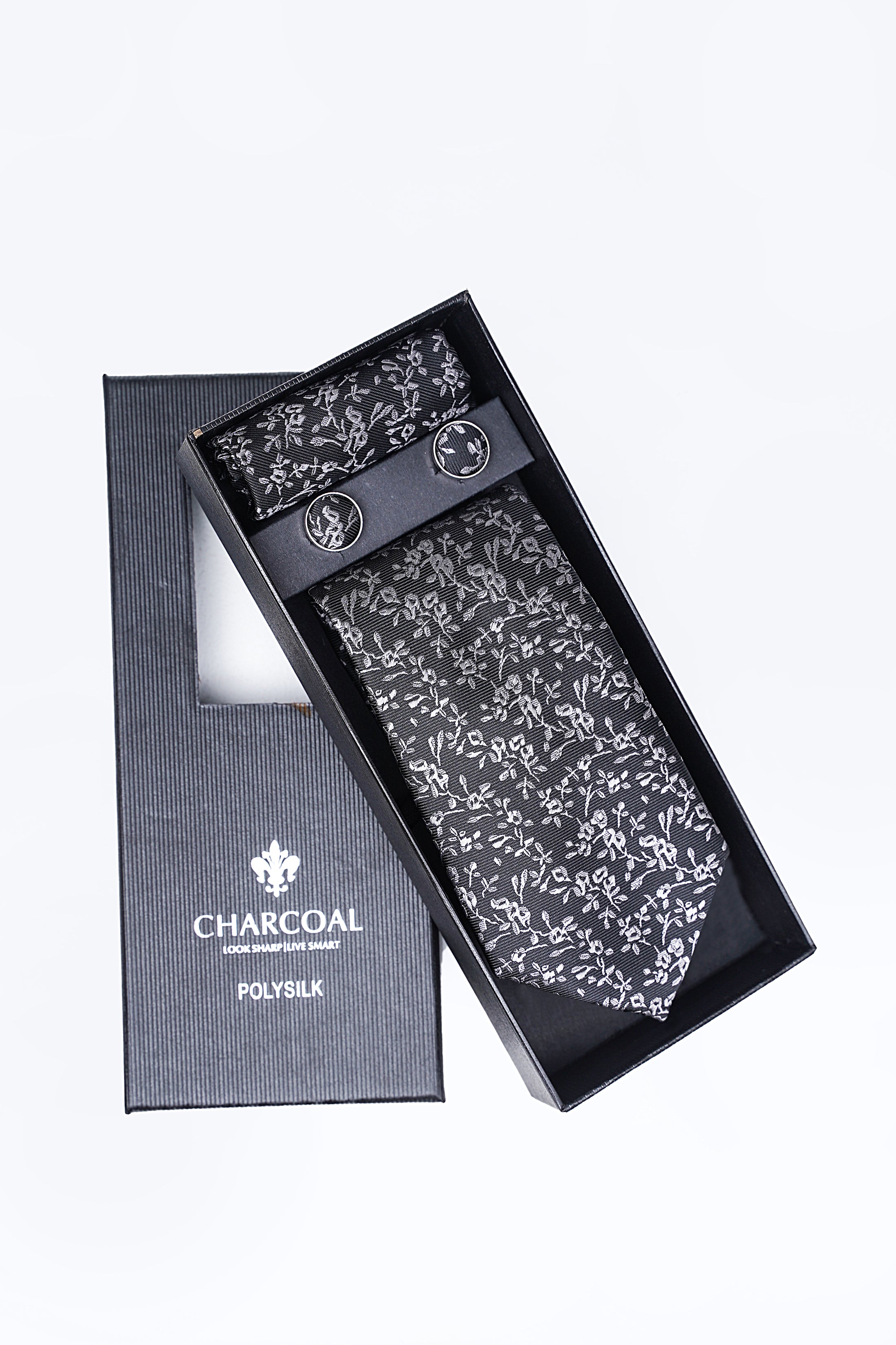 Charcoal tie box set with patterned necktie inside