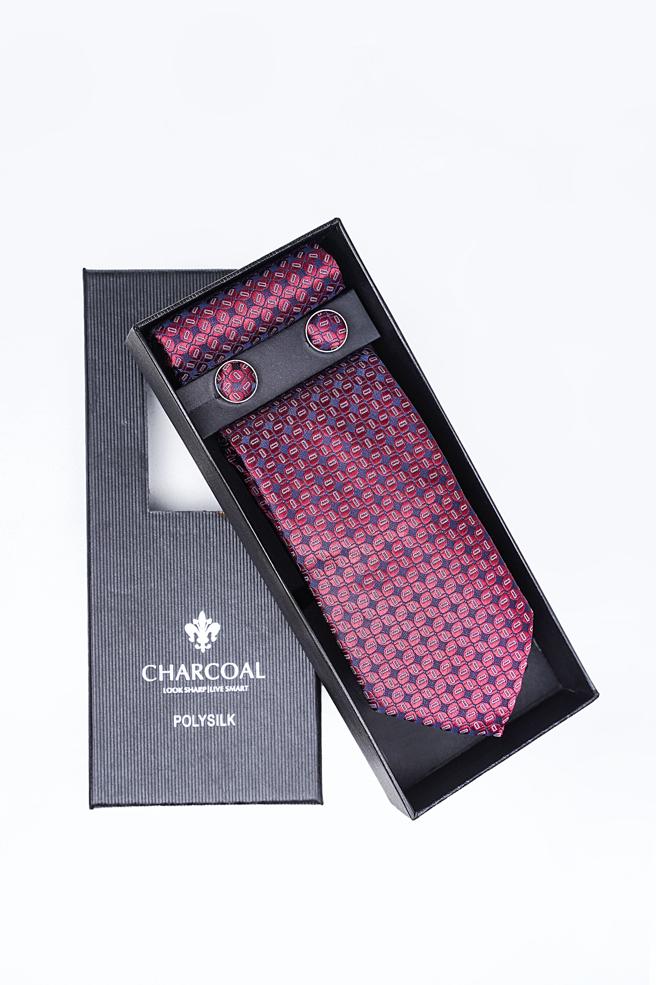 Tie set with pink patterned tie and pocket square in charcoal gift box