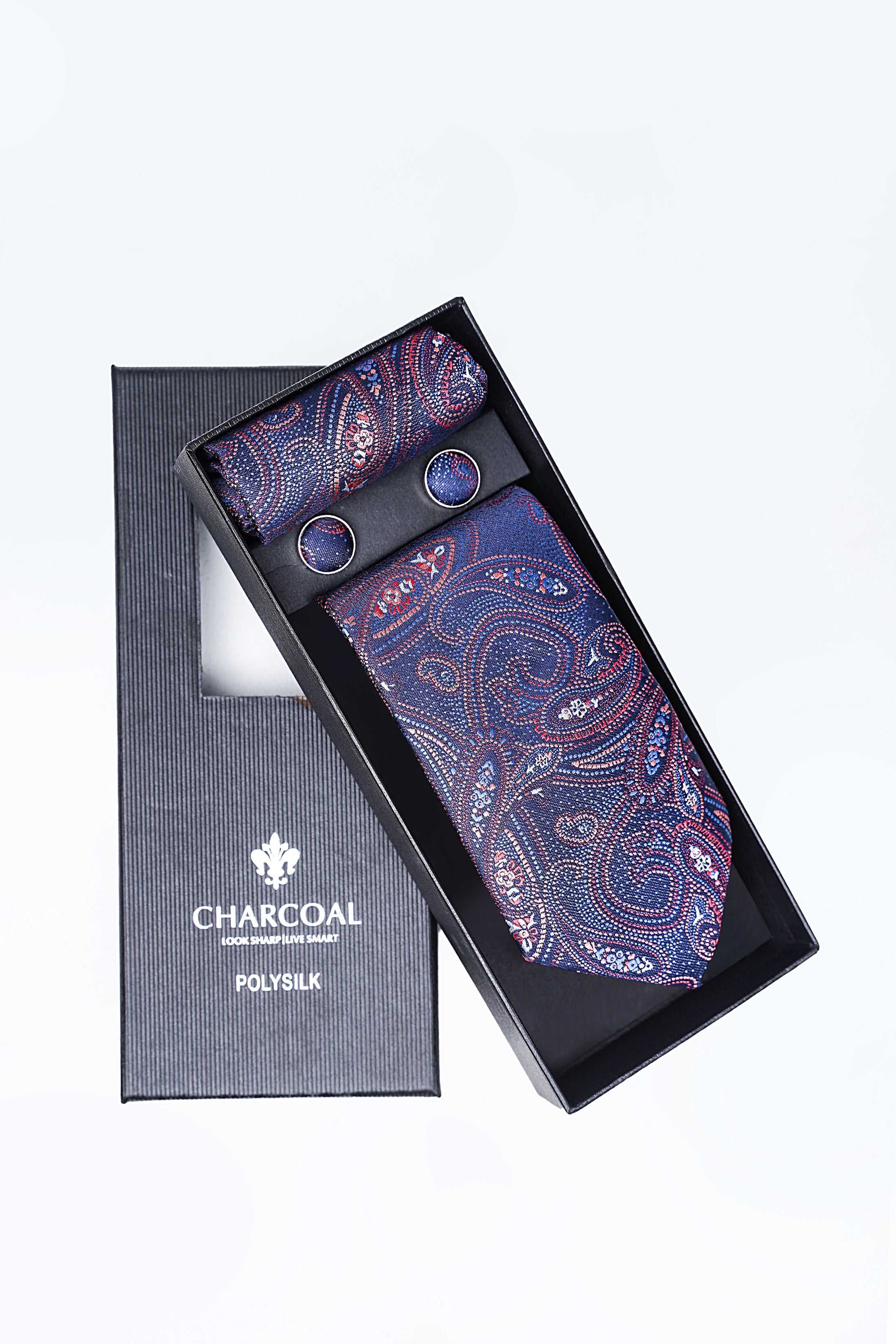 Paisley tie set with necktie and two cufflinks in charcoal gift box