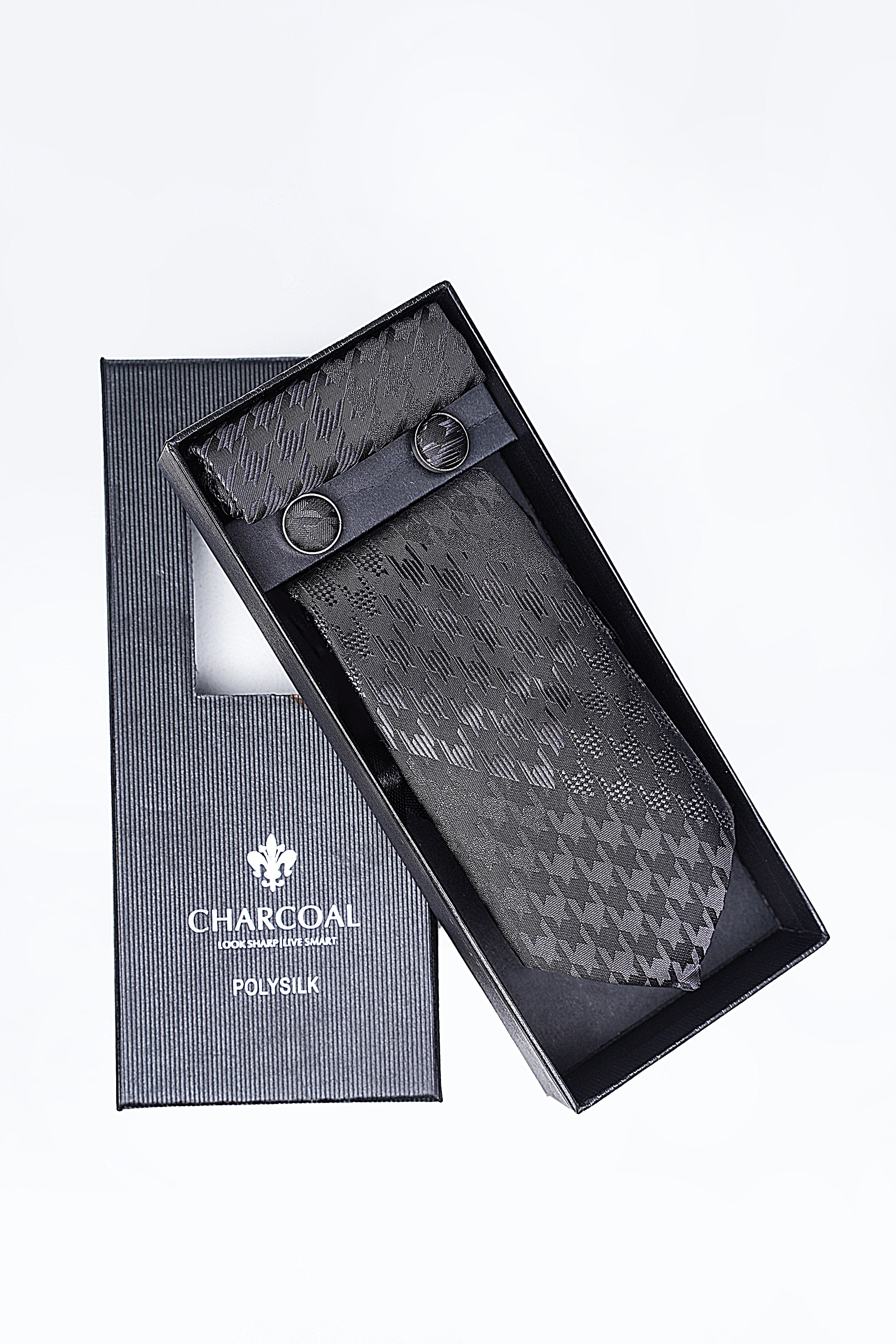 Charcoal houndstooth tie in box with cufflinks