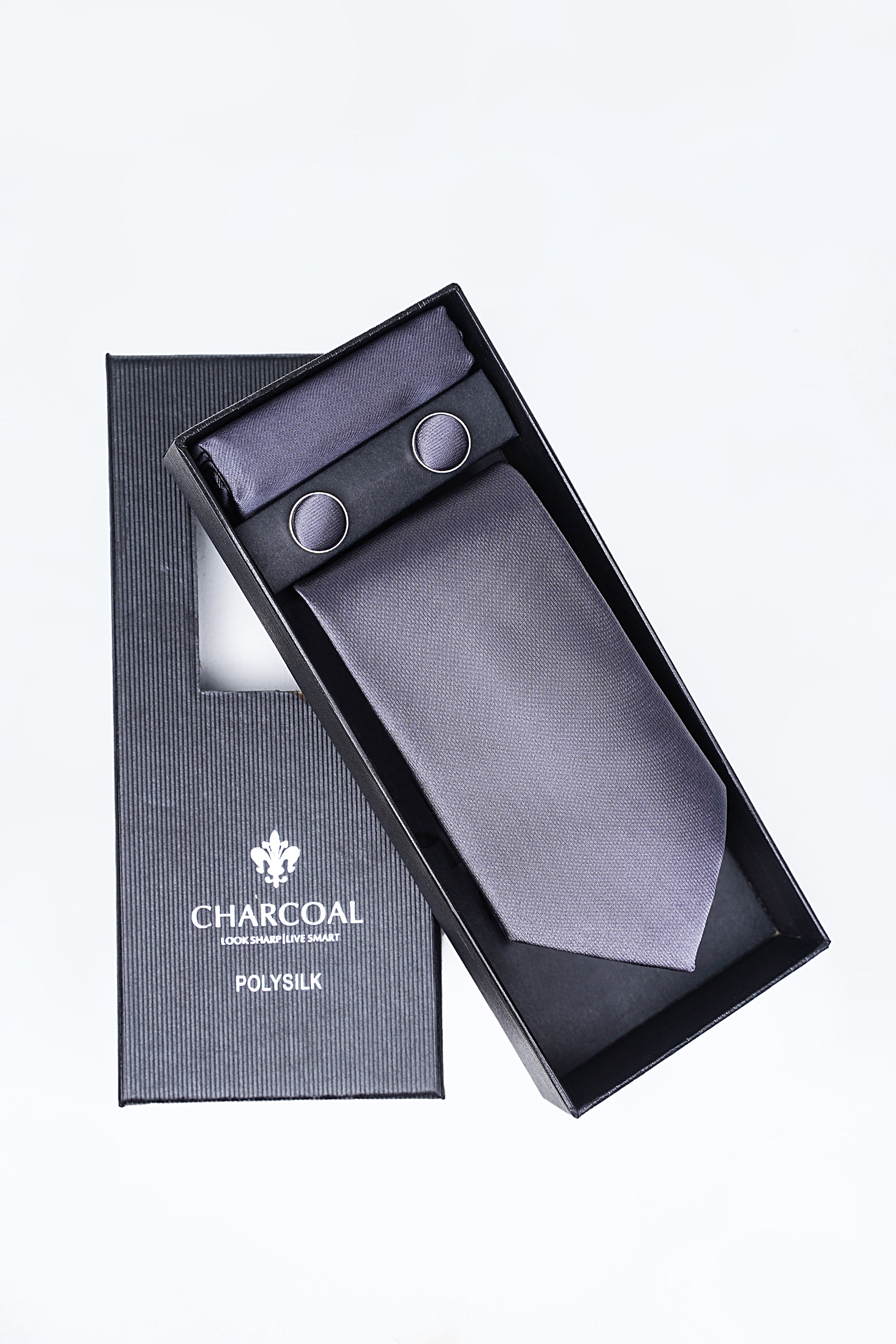 Charcoal tie with pocket square and cufflinks in gift box set