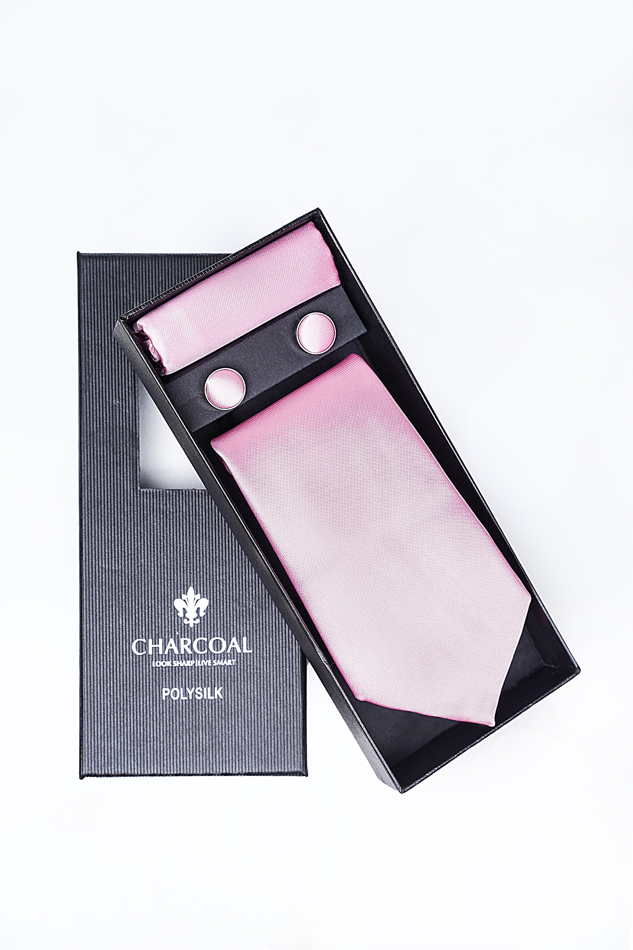 Neck tie set in gift box with pink tie and charcoal polysilk lining