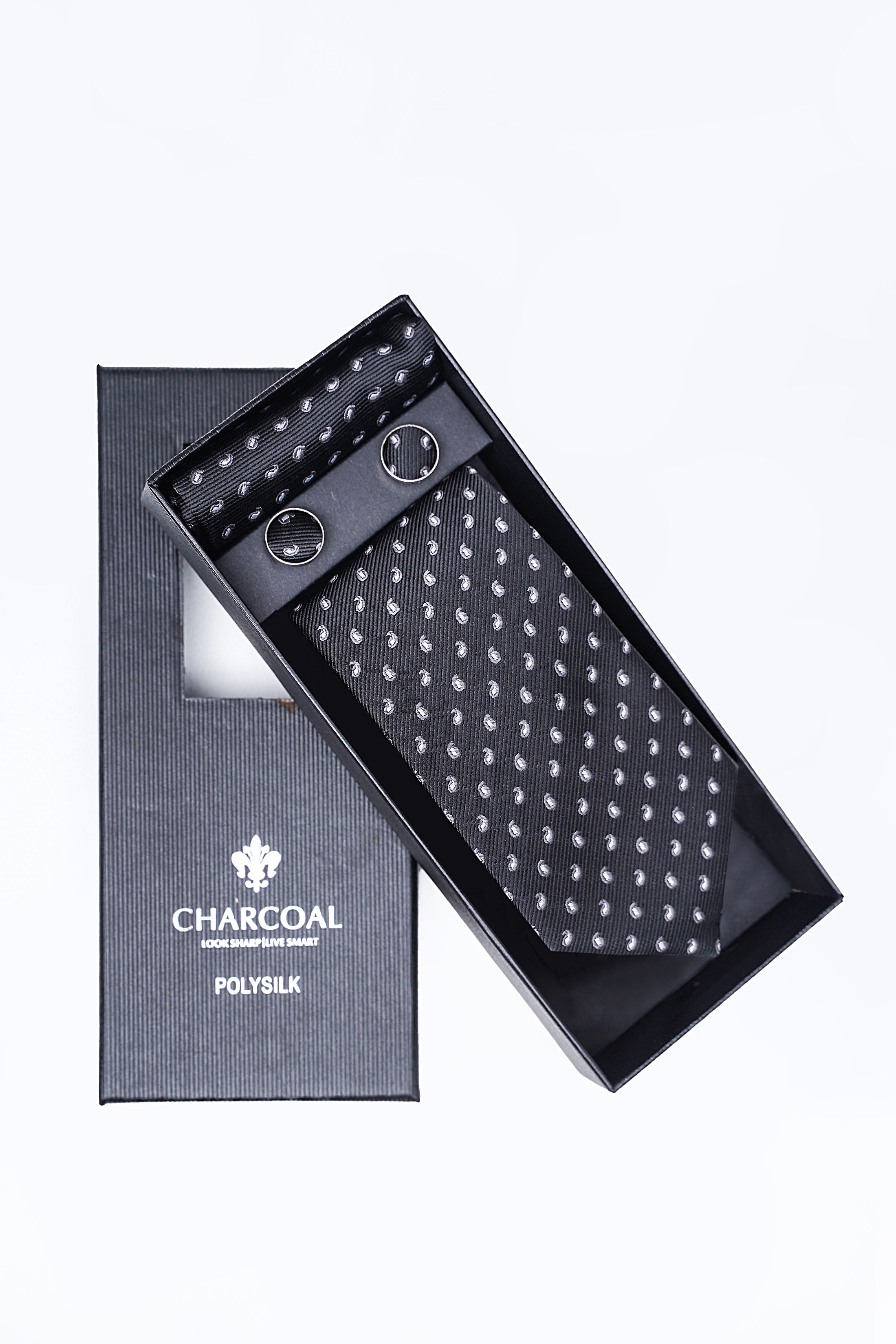 Charcoal tie set in box, dotted patterned necktie with two round accents