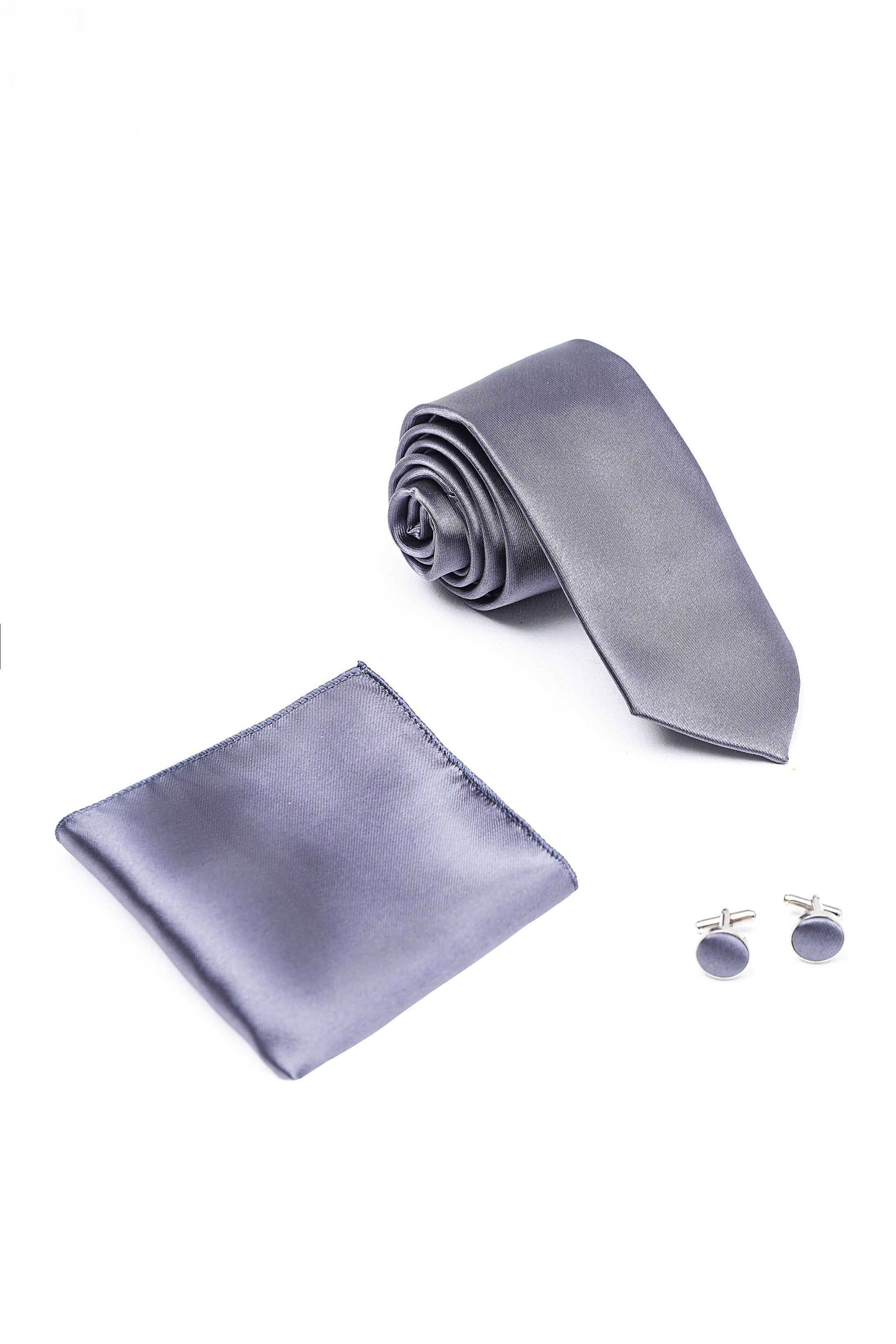 Charcoal tie, pocket square and cufflinks set with matching accessories