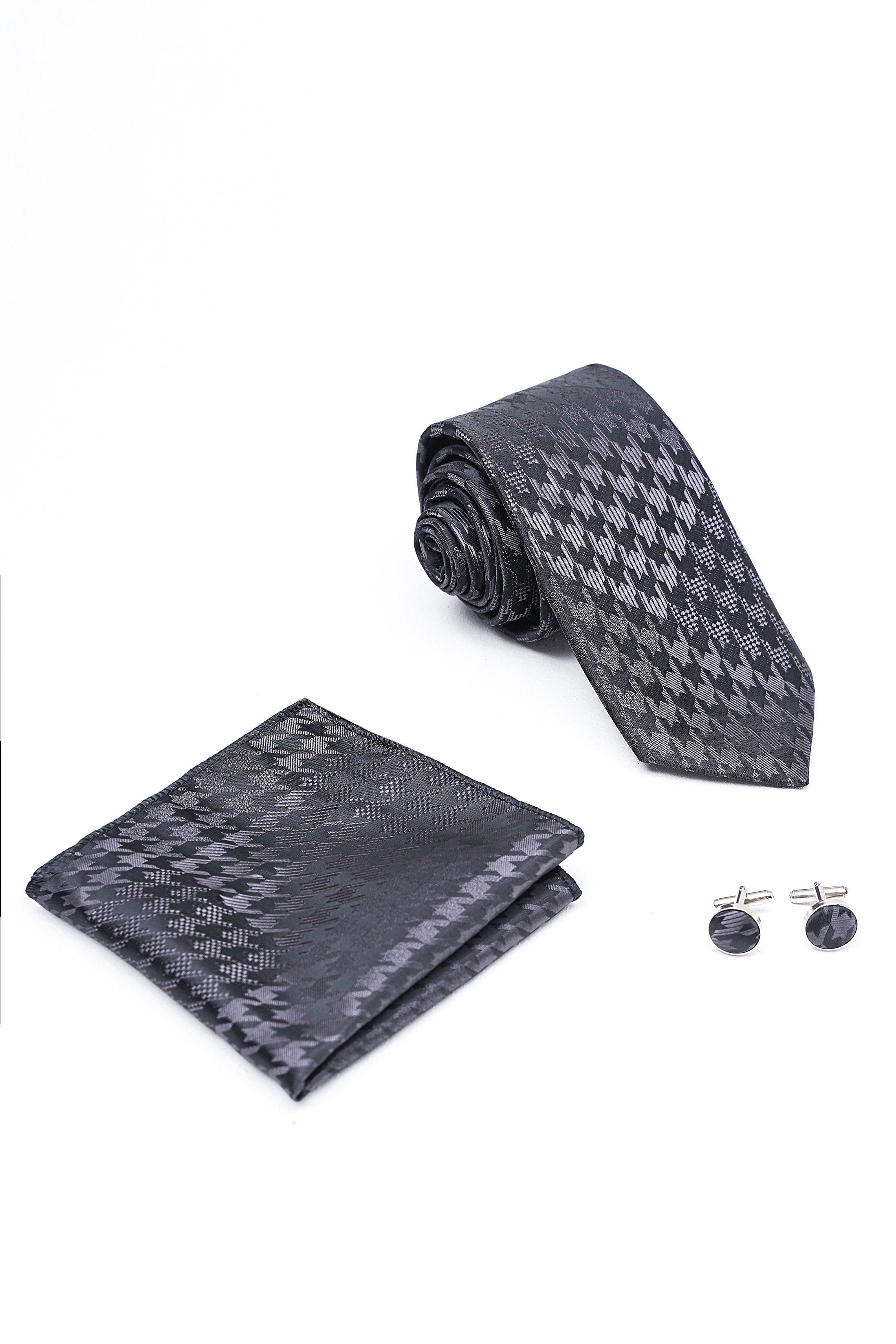 Houndstooth tie set with pocket square and silver cufflinks