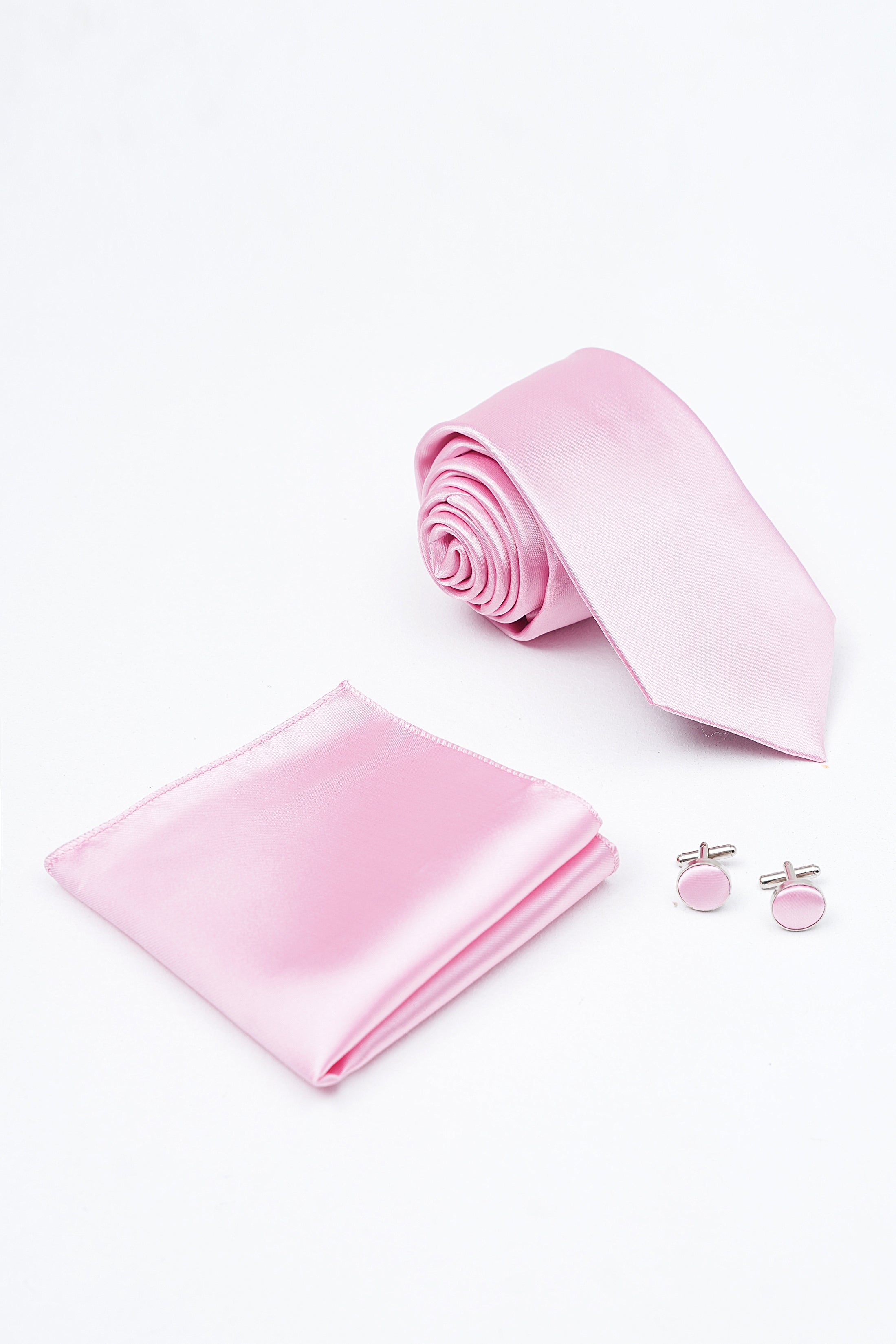 Pink necktie with matching pocket square and cufflinks