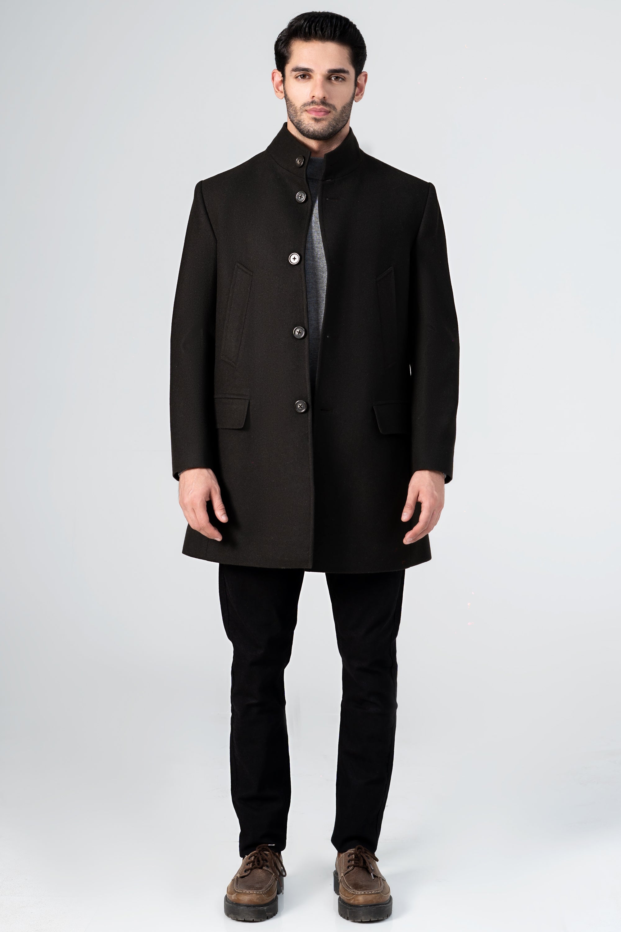 Dark olive wool long coat with stand collar, button front, and side pockets