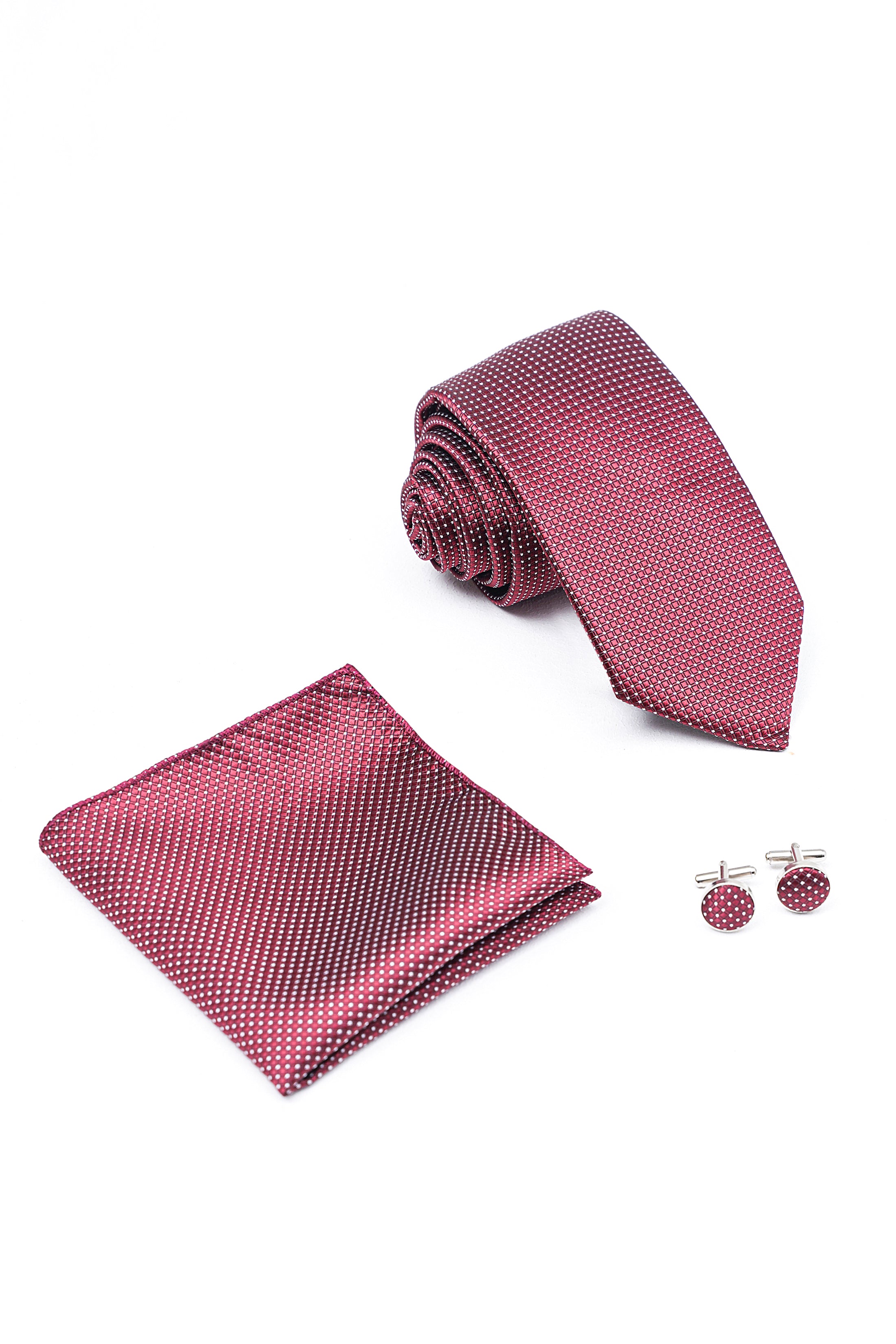 Box tie set: burgundy dotted necktie, folded pocket square, red dot cufflinks