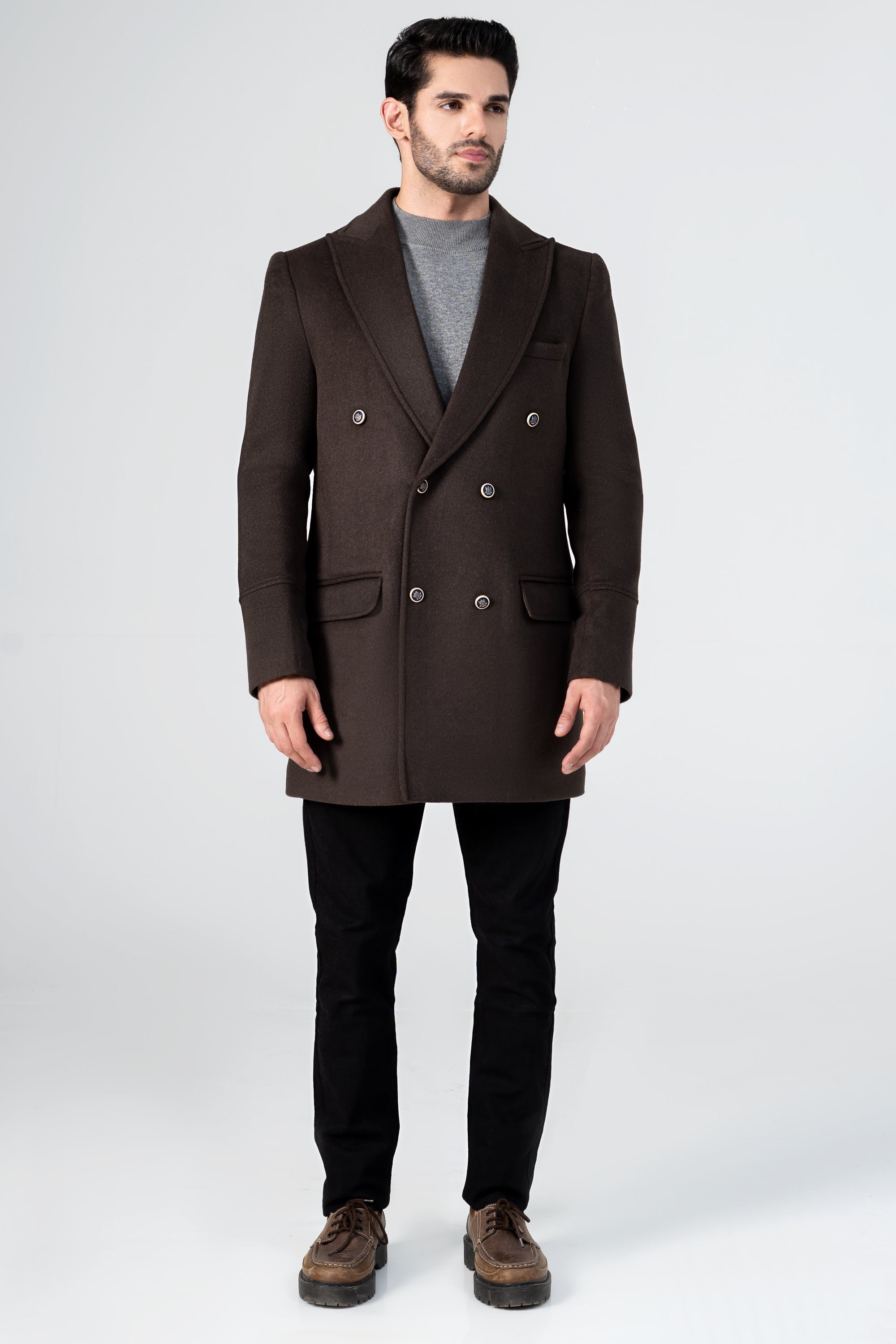 Dark brown wool long coat, front view, buttoned chest and side pockets