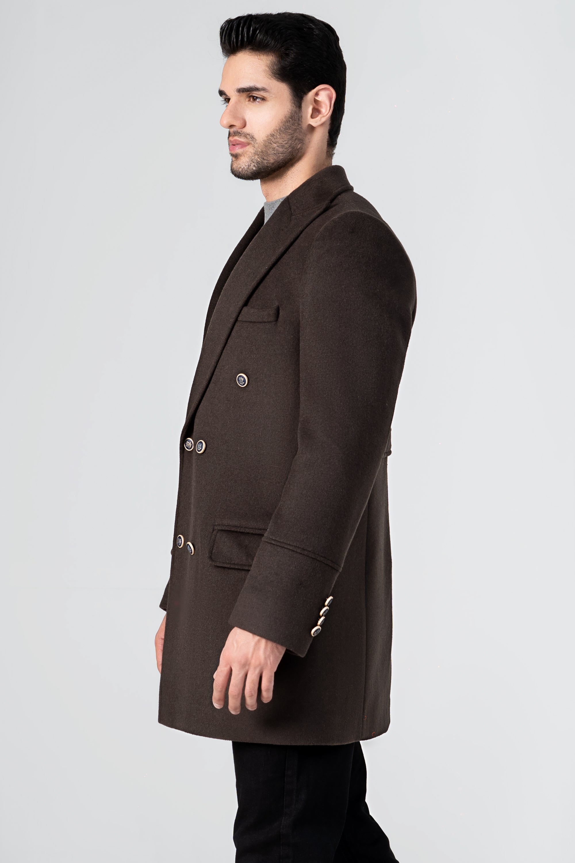 Dark brown wool long coat, side view, notch lapels and front buttons