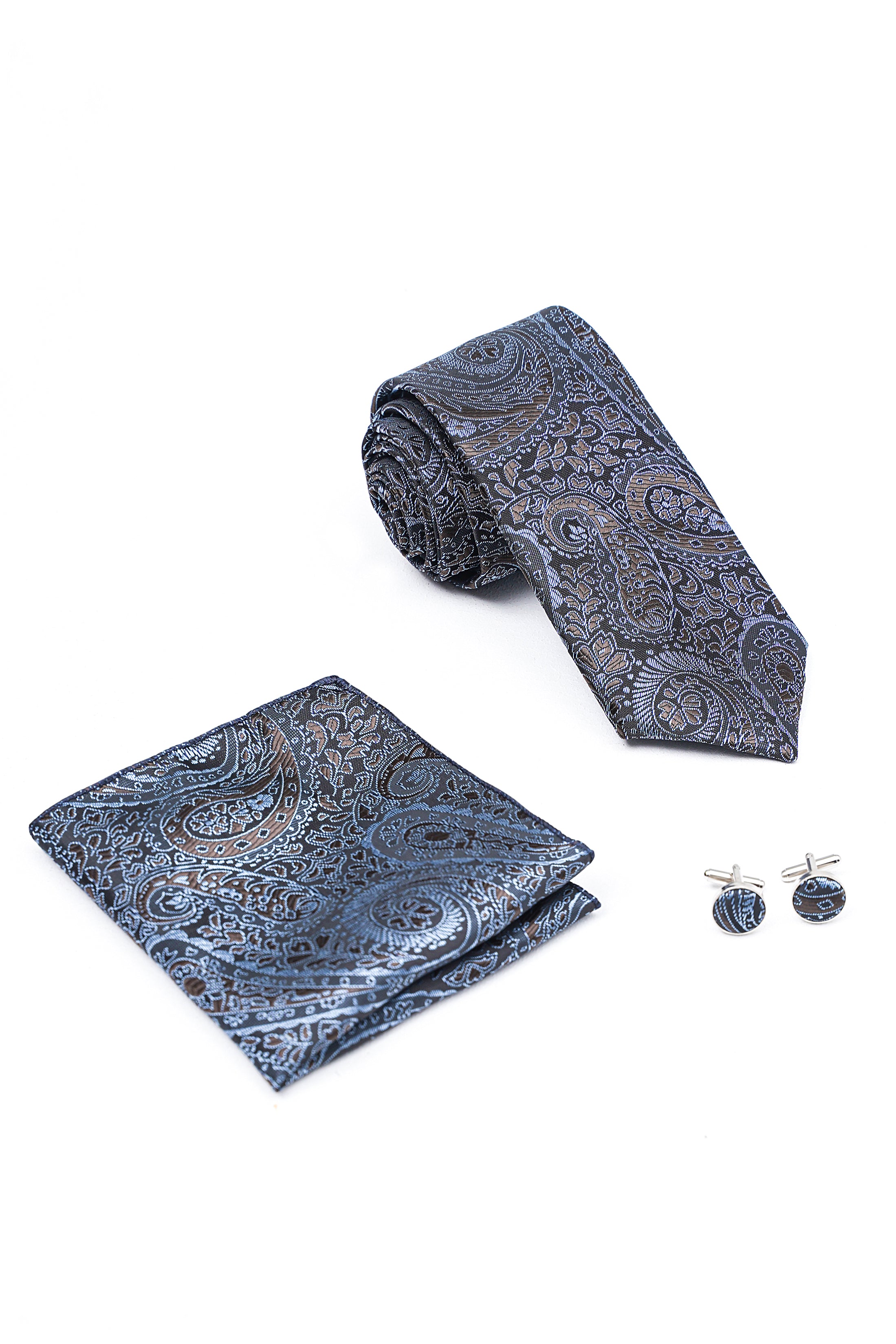 Blue paisley tie with matching pocket square and cufflinks