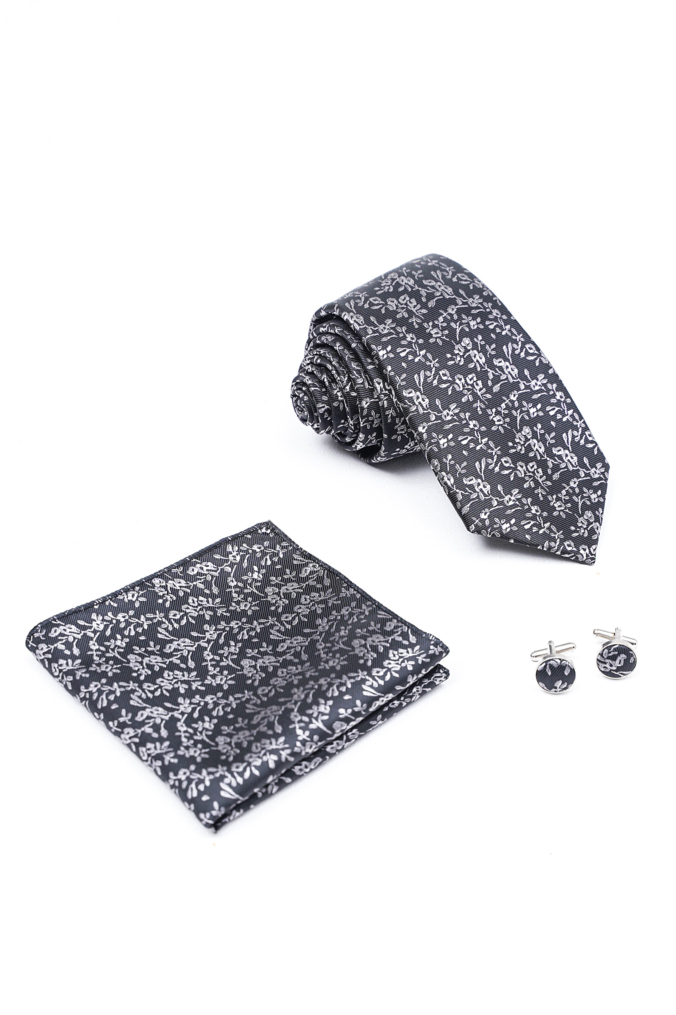 Charcoal patterned necktie with matching pocket square and cufflinks