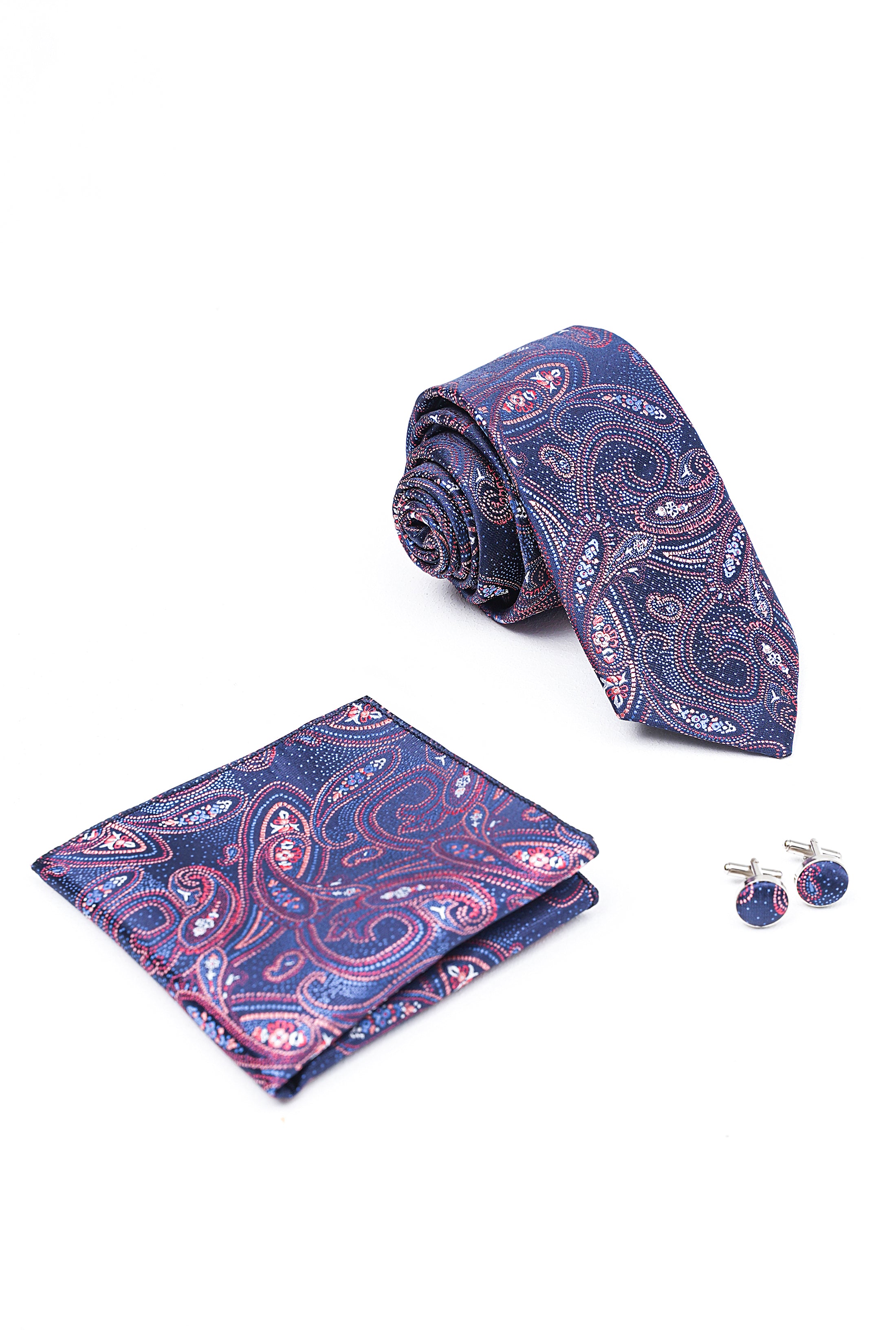 Paisley necktie, folded pocket square, and two cufflinks in blue-purple tones
