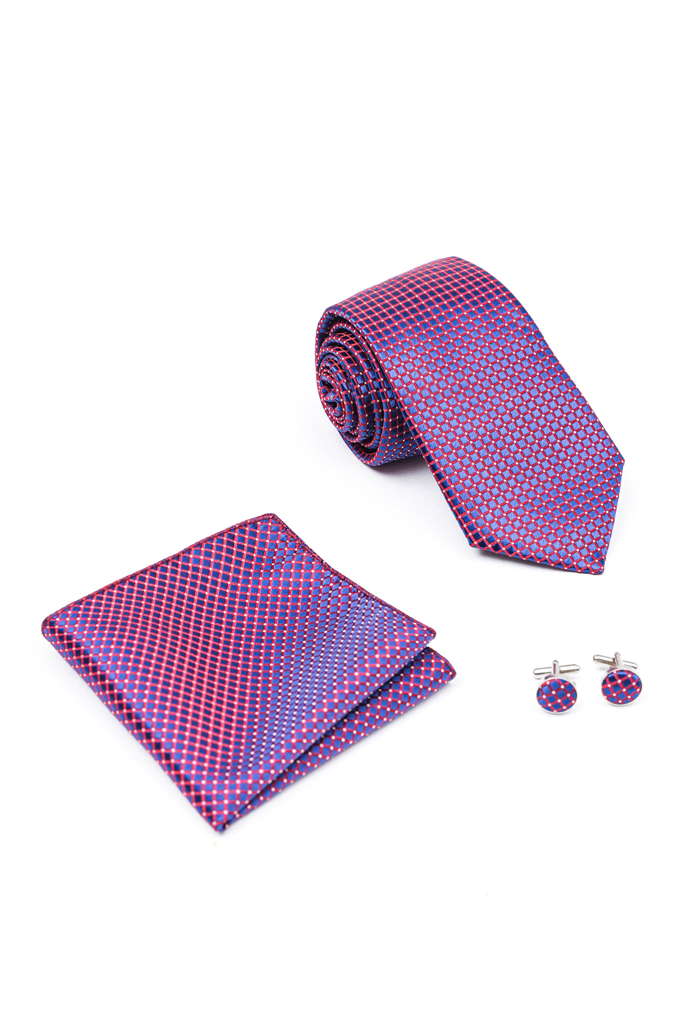 Box tie set with purple patterned necktie, matching pocket square, and cufflinks