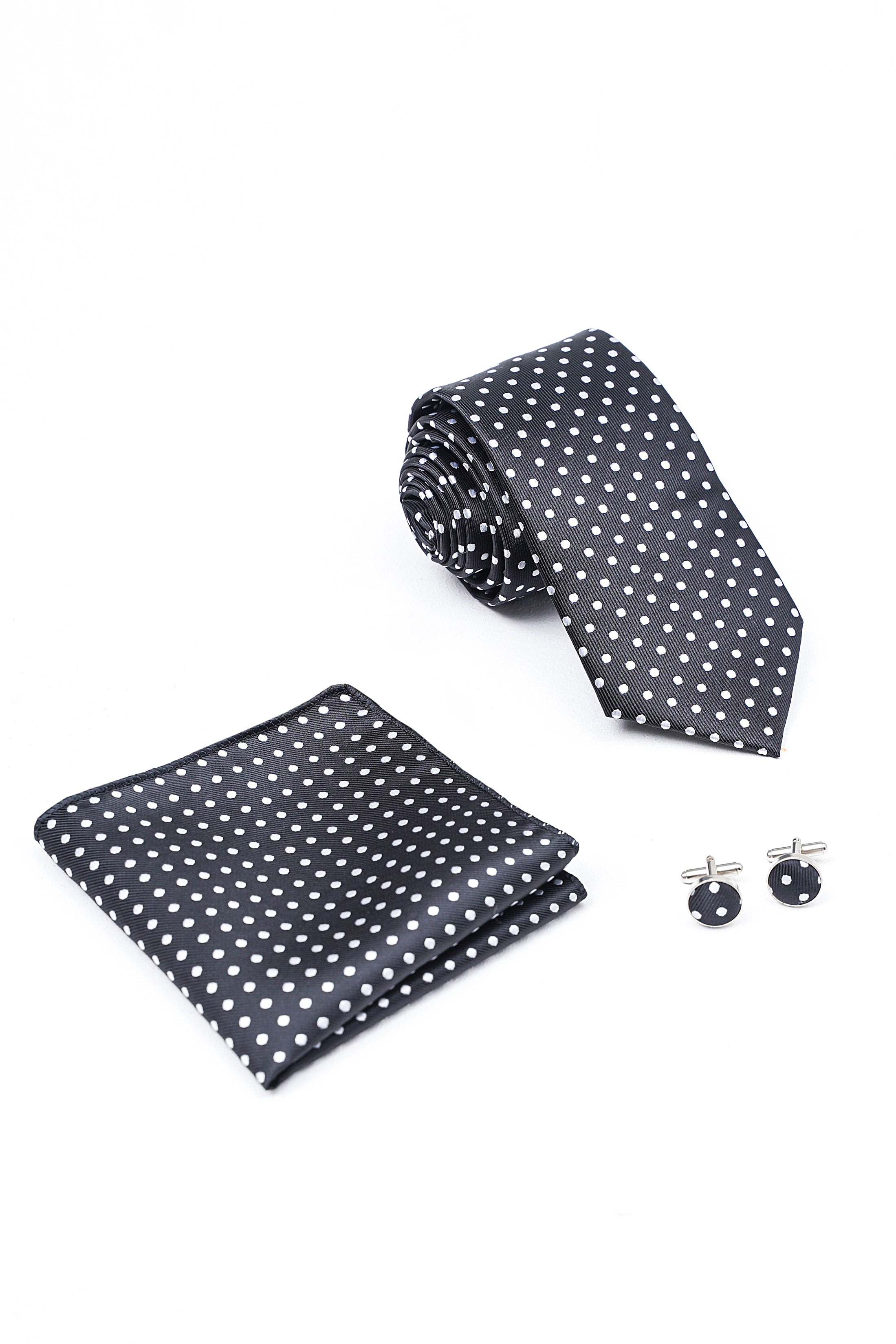 Charcoal polka-dot tie, folded pocket square, and round cufflinks set