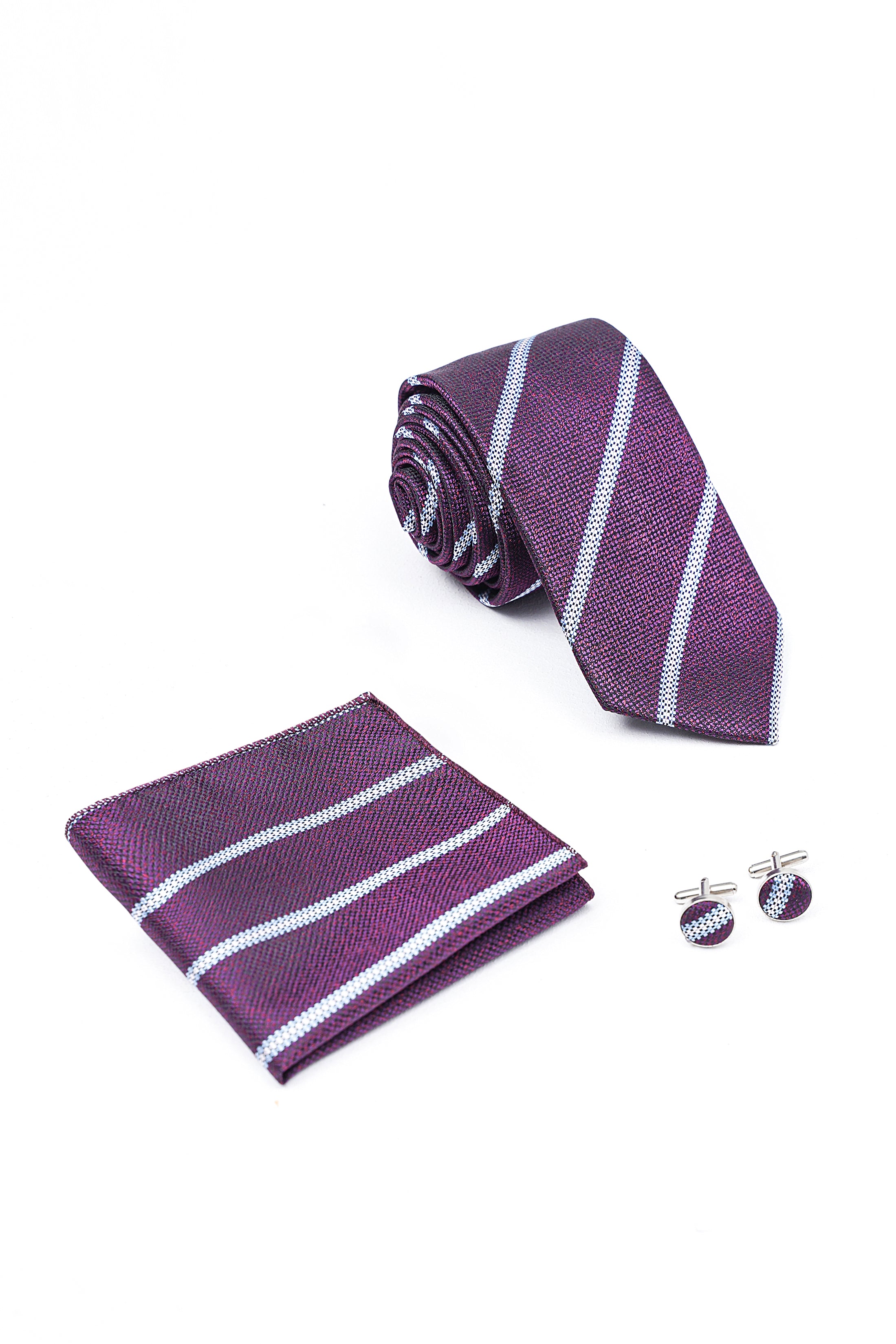 Purple striped tie with matching pocket square and cufflinks
