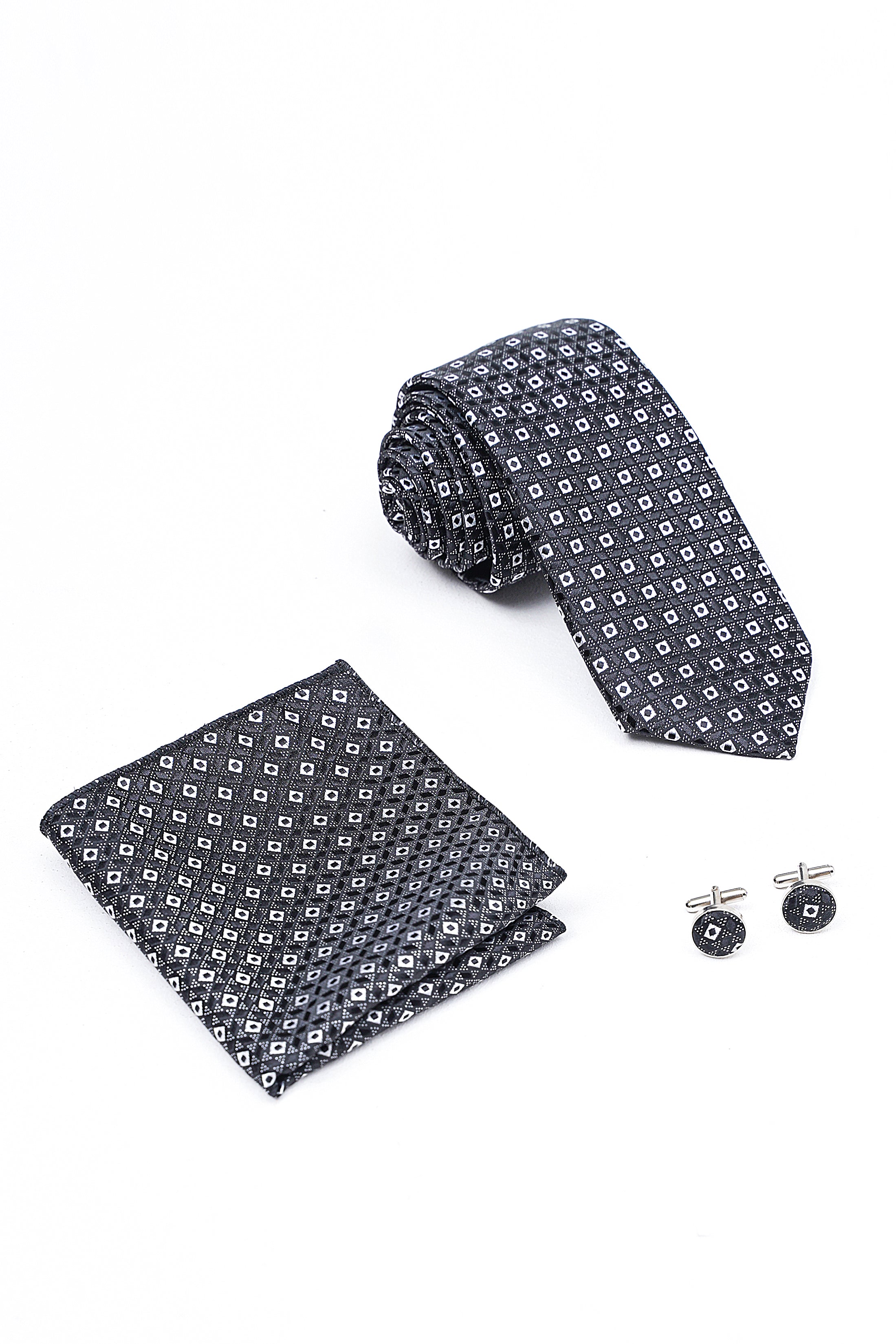 Charcoal patterned necktie and pocket square with metal cufflinks