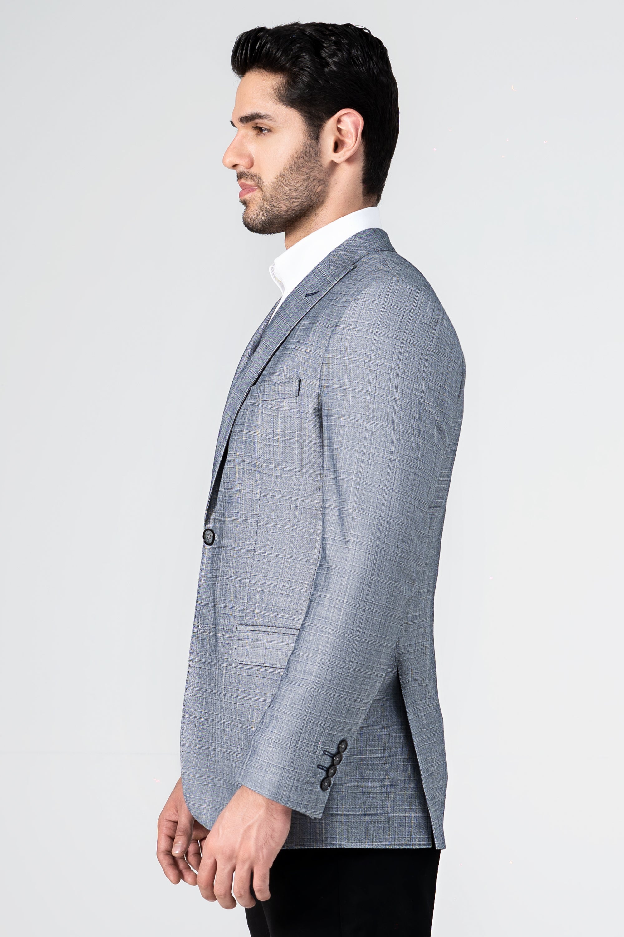 Casual coat blazer in light gray, notch lapel, single-breasted, side pocket.