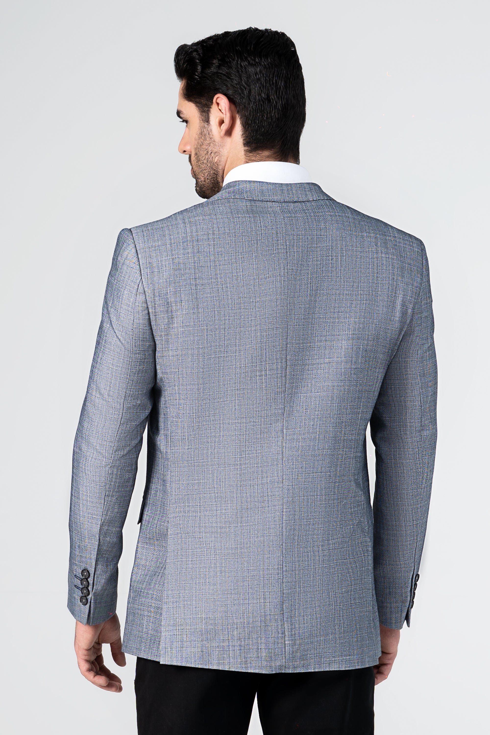 Casual coat blazer, back view with notched lapels and two-button cuff detail.